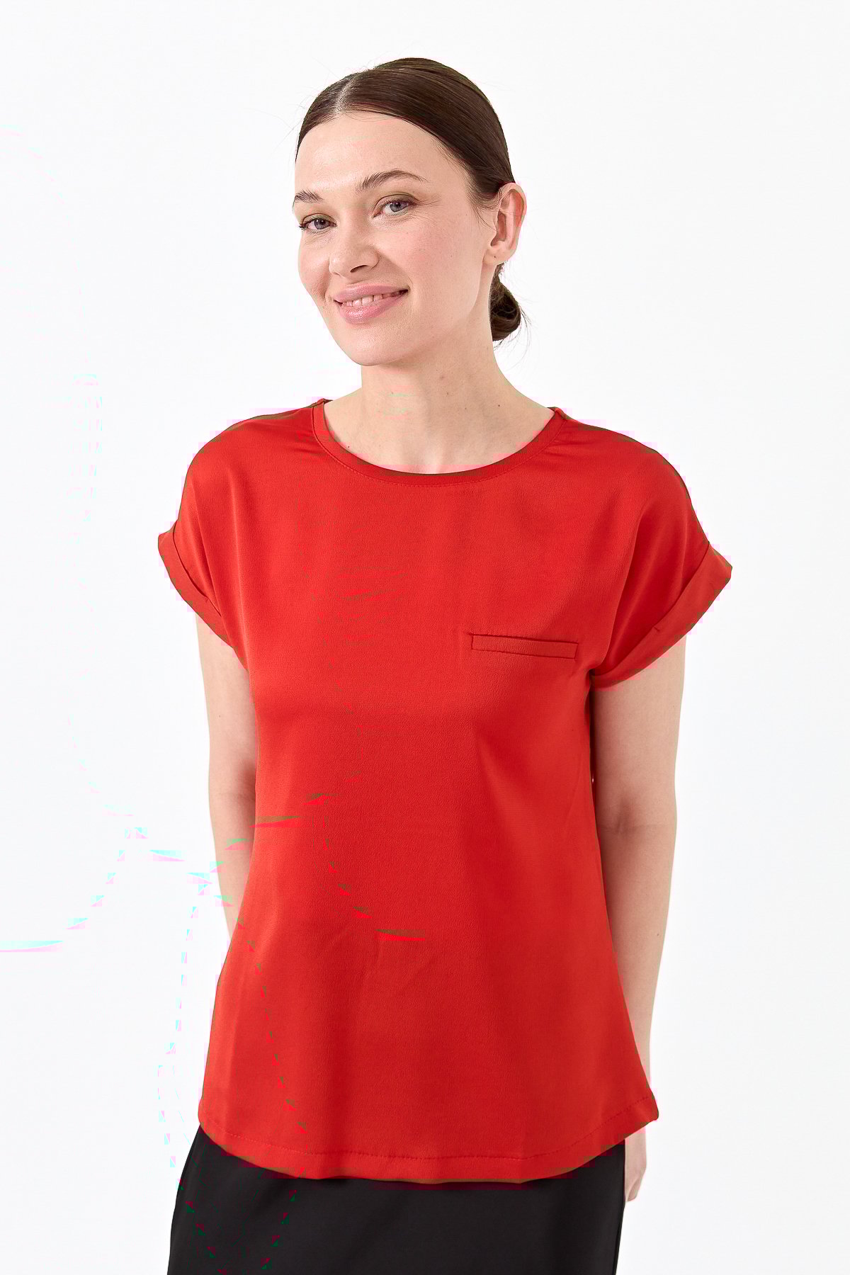 22707Kadın Kısa Kol Önü Saten Bluz Oranj