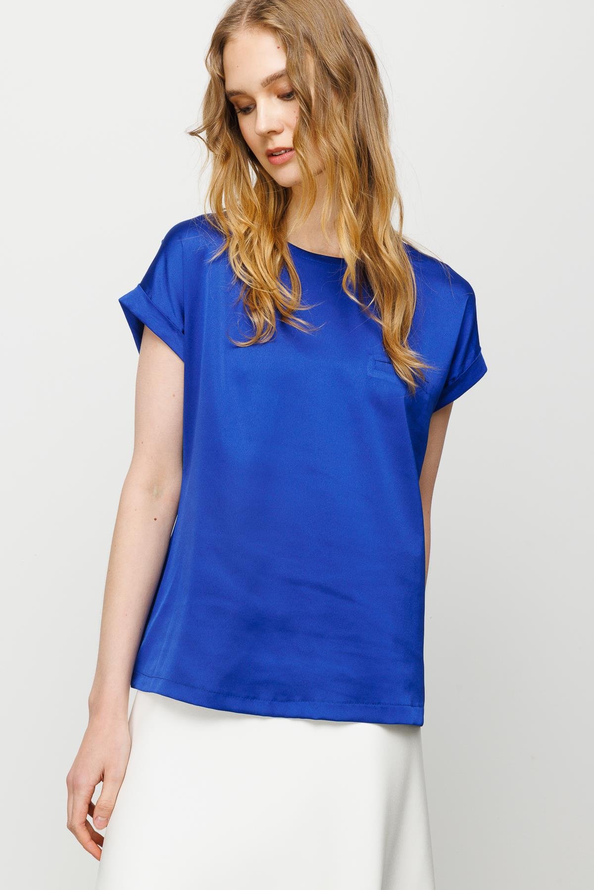 22707Women's Short Sleeve Satin Front Blouse Sax