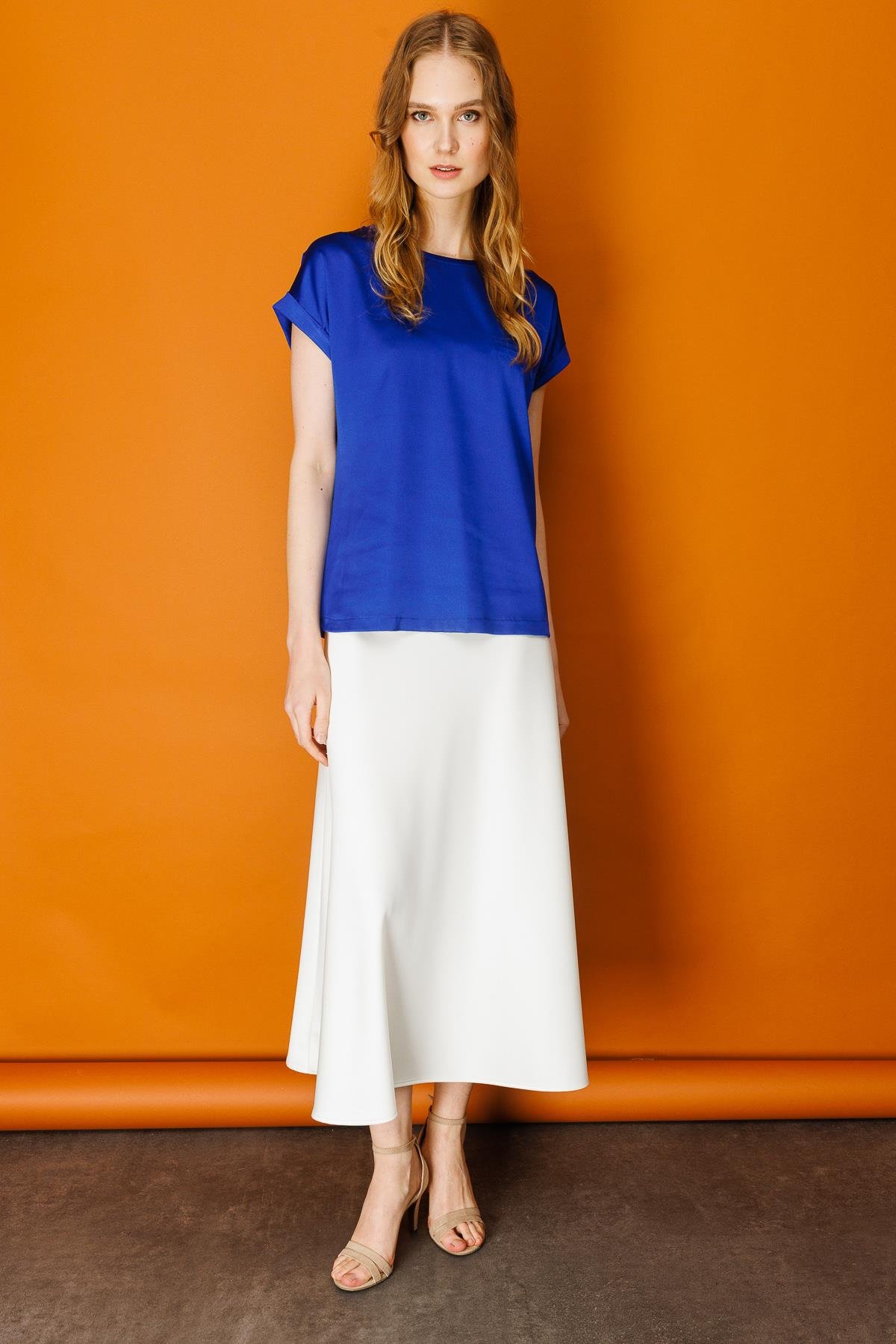 22707Women's Short Sleeve Satin Front Blouse Sax