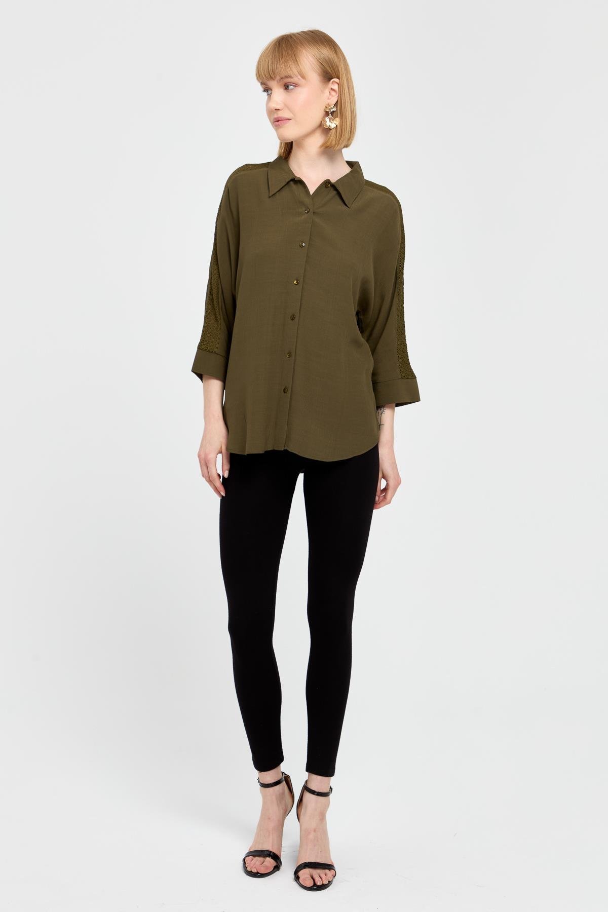 KMY24074Женская рубашка с кружевными полосками на рукавах