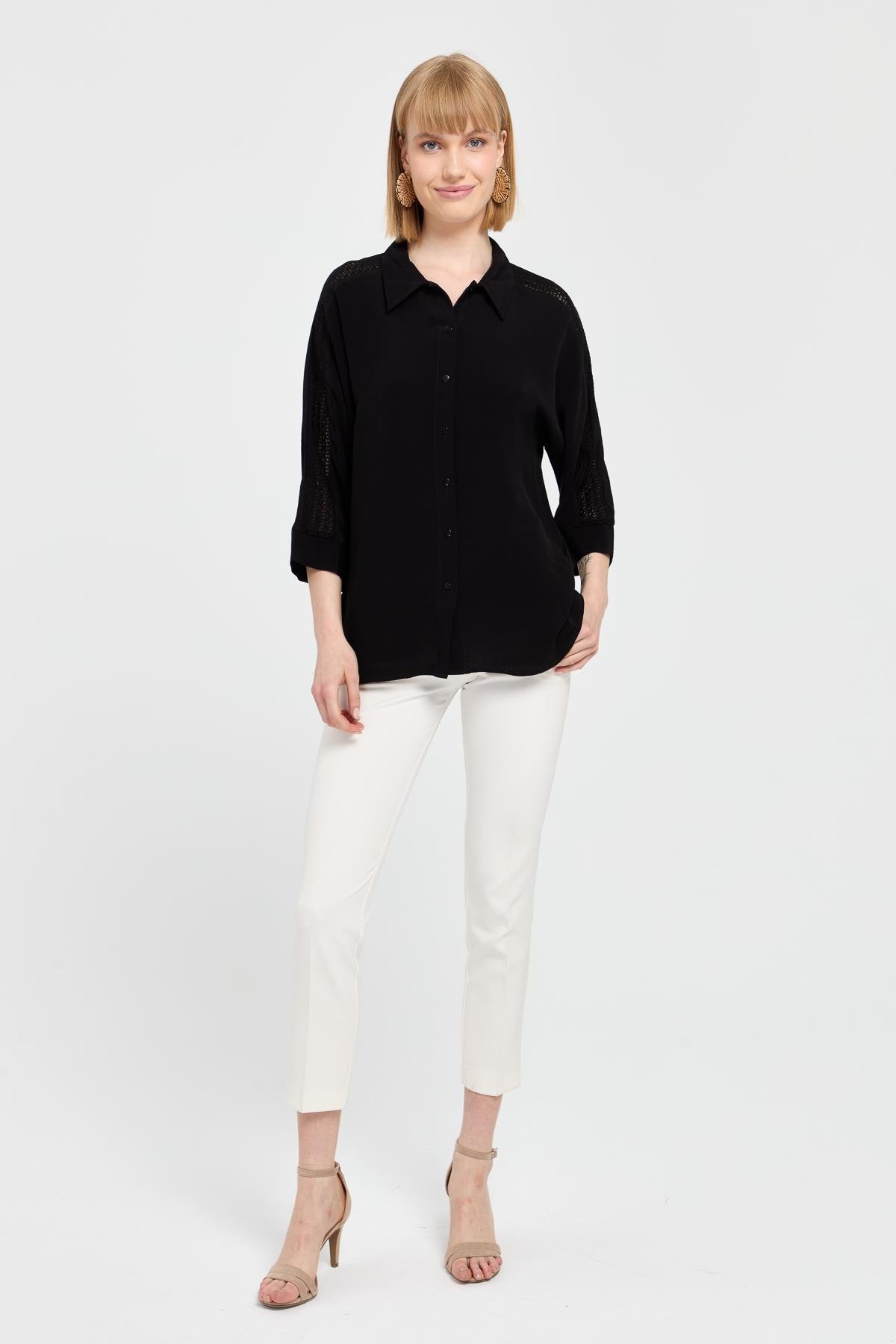 KMY24074Женская рубашка с кружевными полосками на рукавах