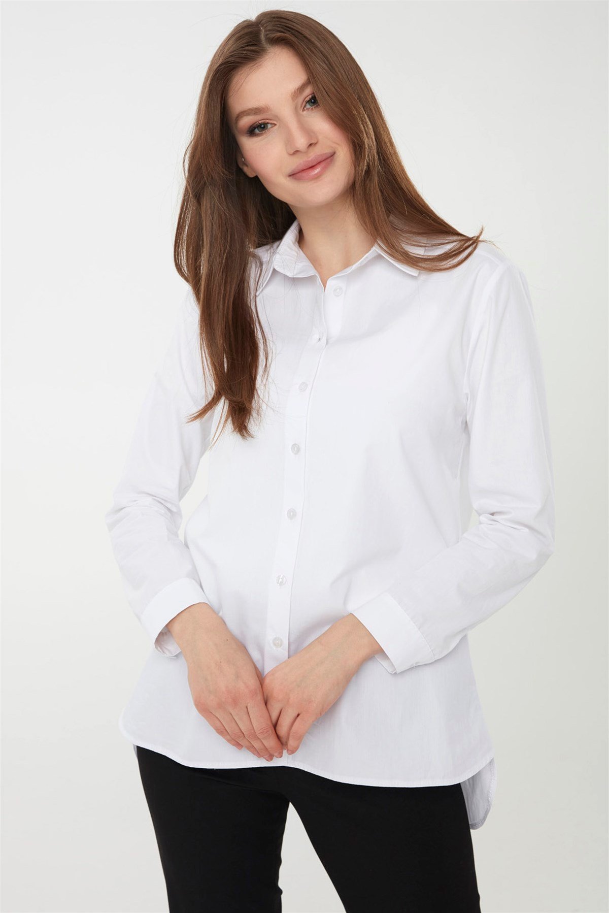 22805Kadın Koton Uzun Gömlek Beyaz