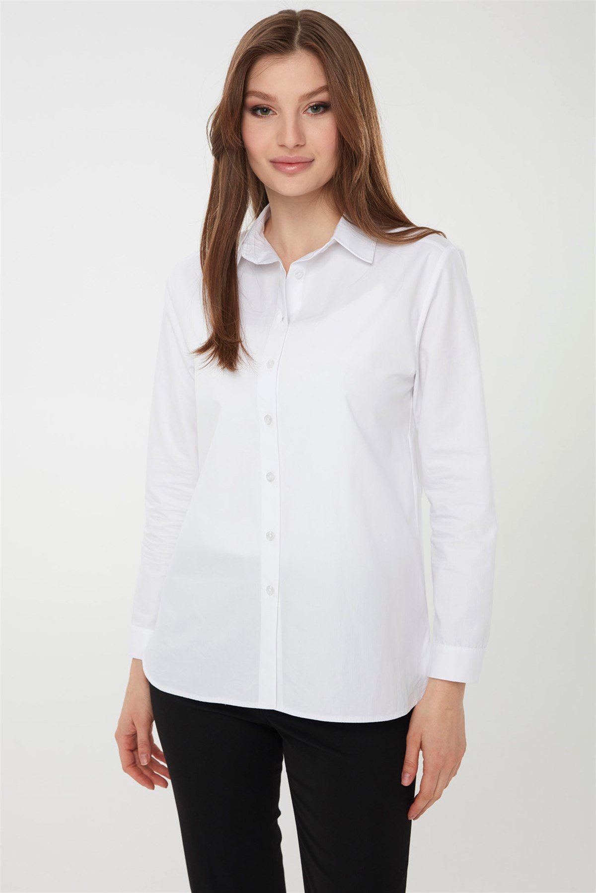 22805Kadın Koton Uzun Gömlek Beyaz