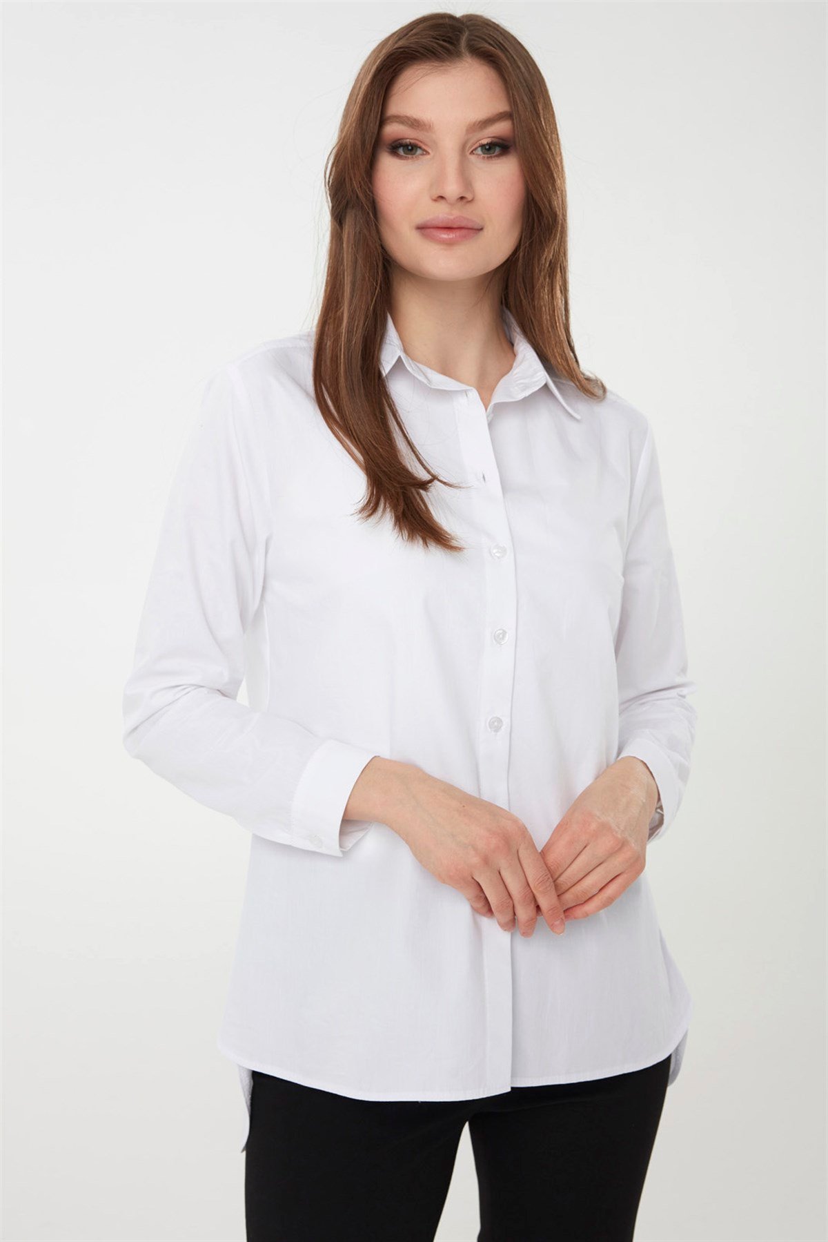 22805Kadın Koton Uzun Gömlek Beyaz