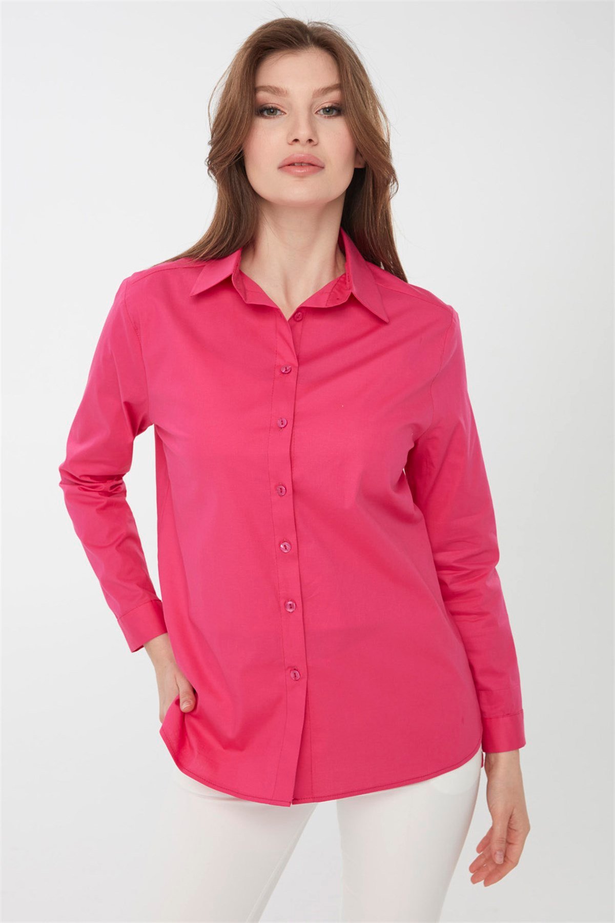 22805Kadın Koton Uzun Gömlek Fuşya