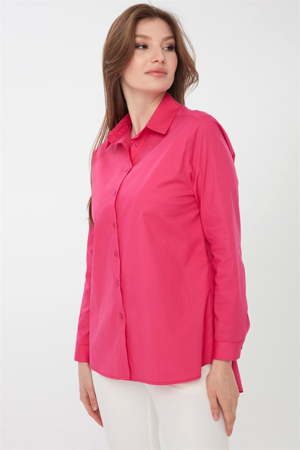 22805Kadın Koton Uzun Gömlek Fuşya