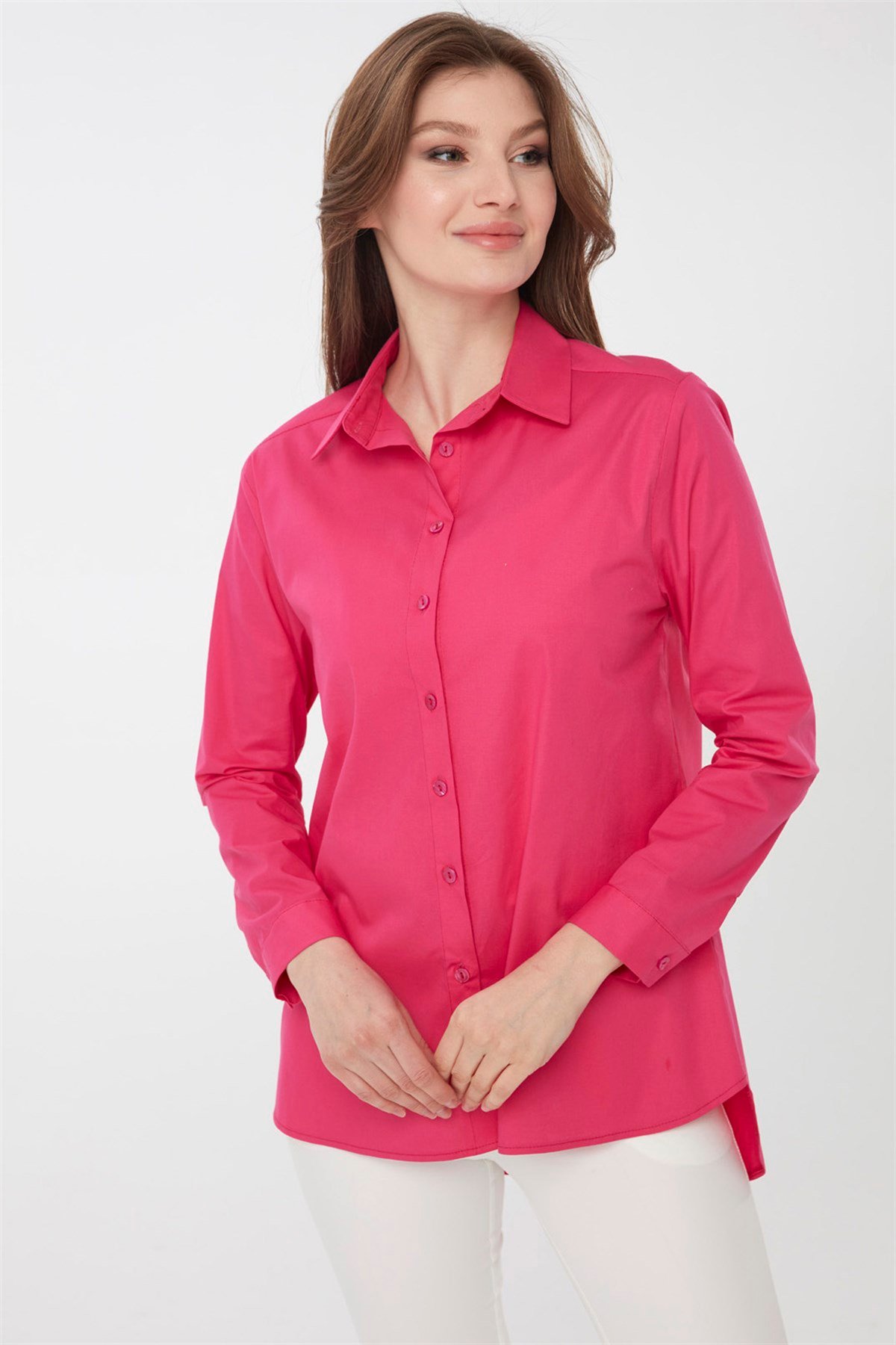 22805Kadın Koton Uzun Gömlek Fuşya