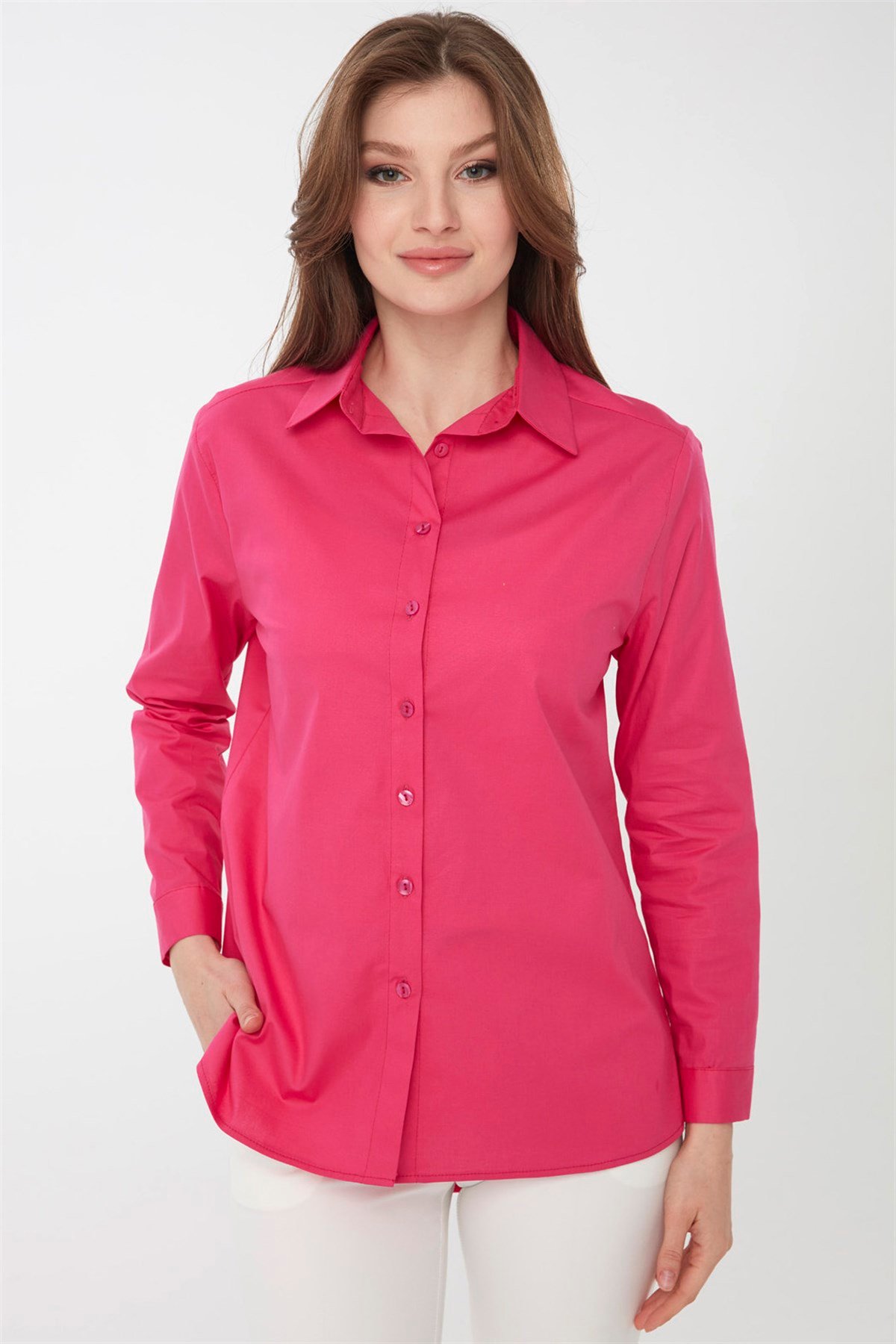 22805Kadın Koton Uzun Gömlek Fuşya