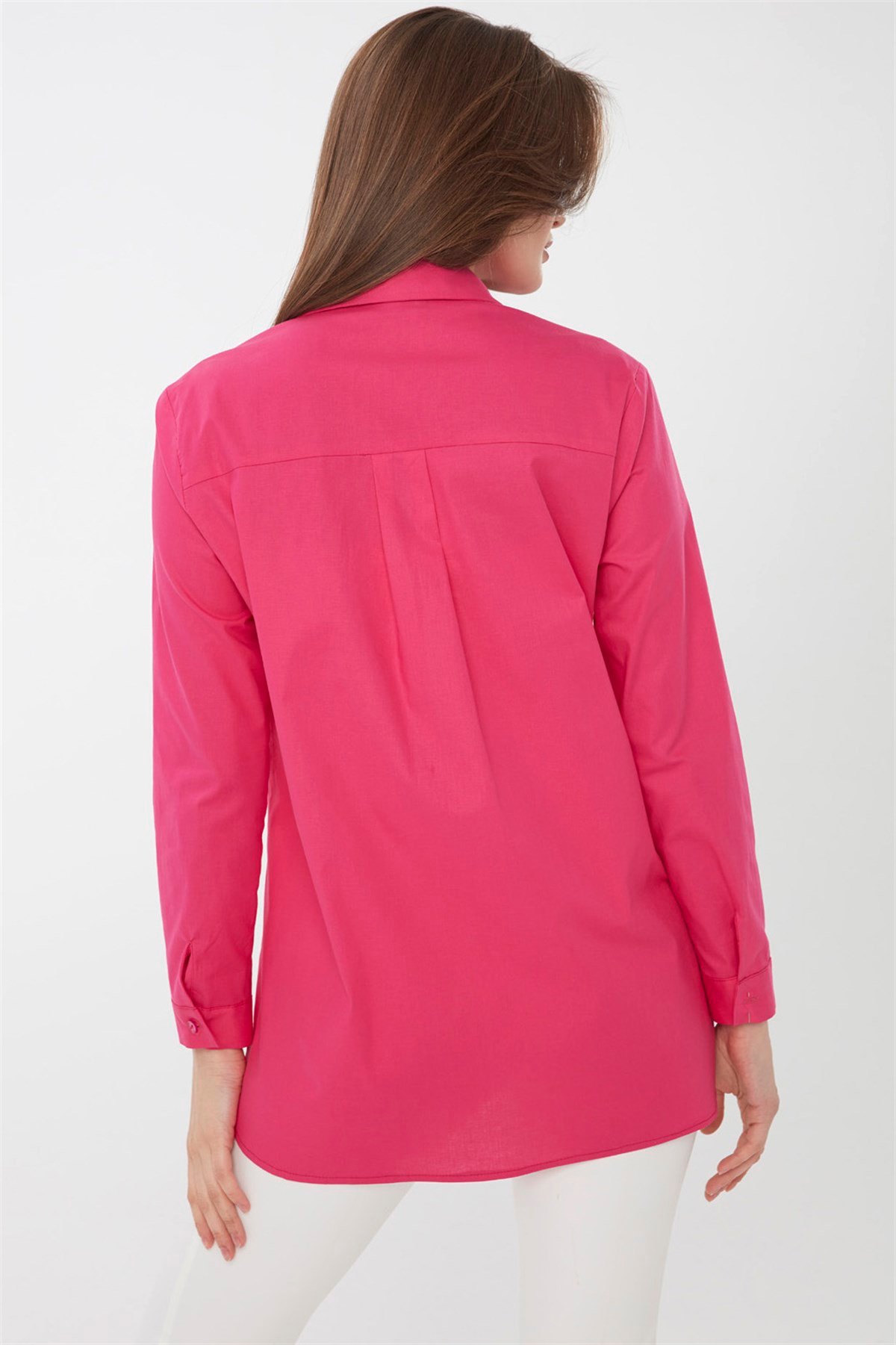 22805Kadın Koton Uzun Gömlek Fuşya