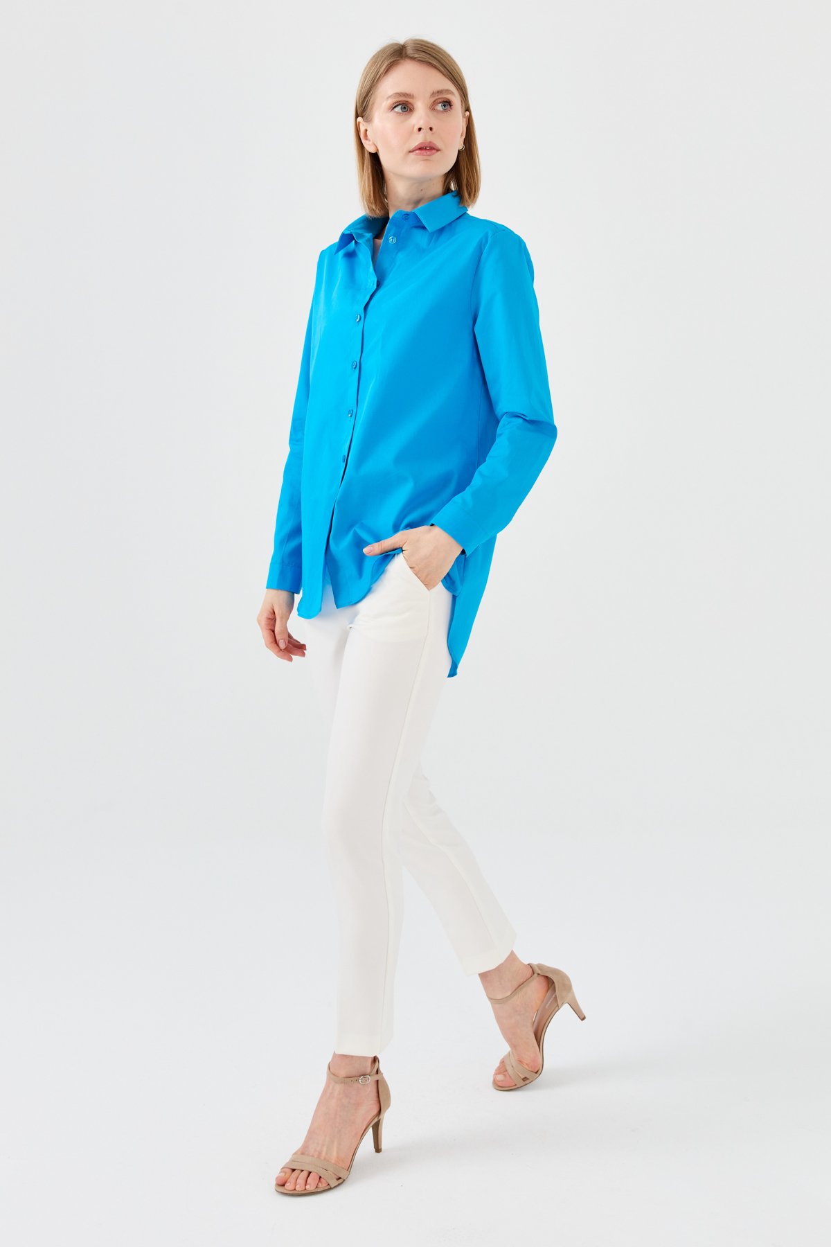 22805Kadın Koton Uzun Gömlek Mavi