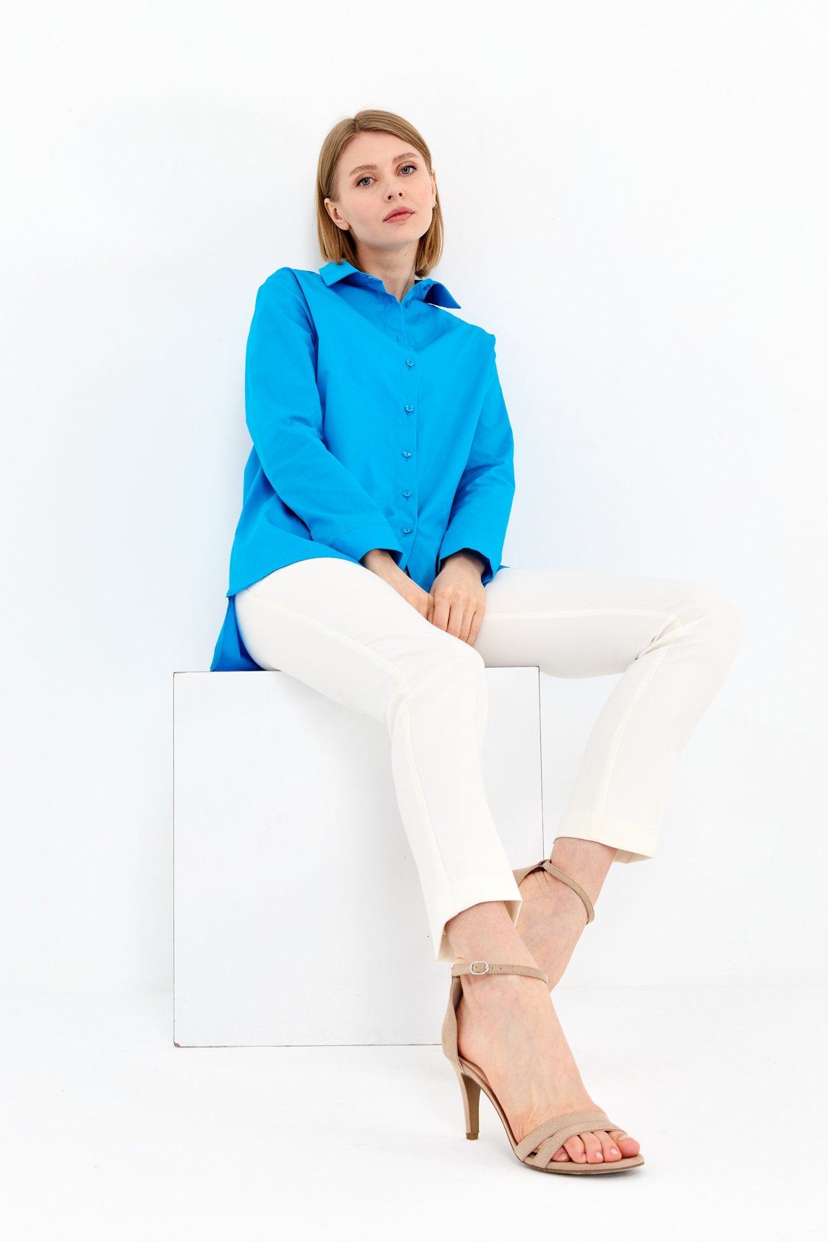 22805Kadın Koton Uzun Gömlek Mavi