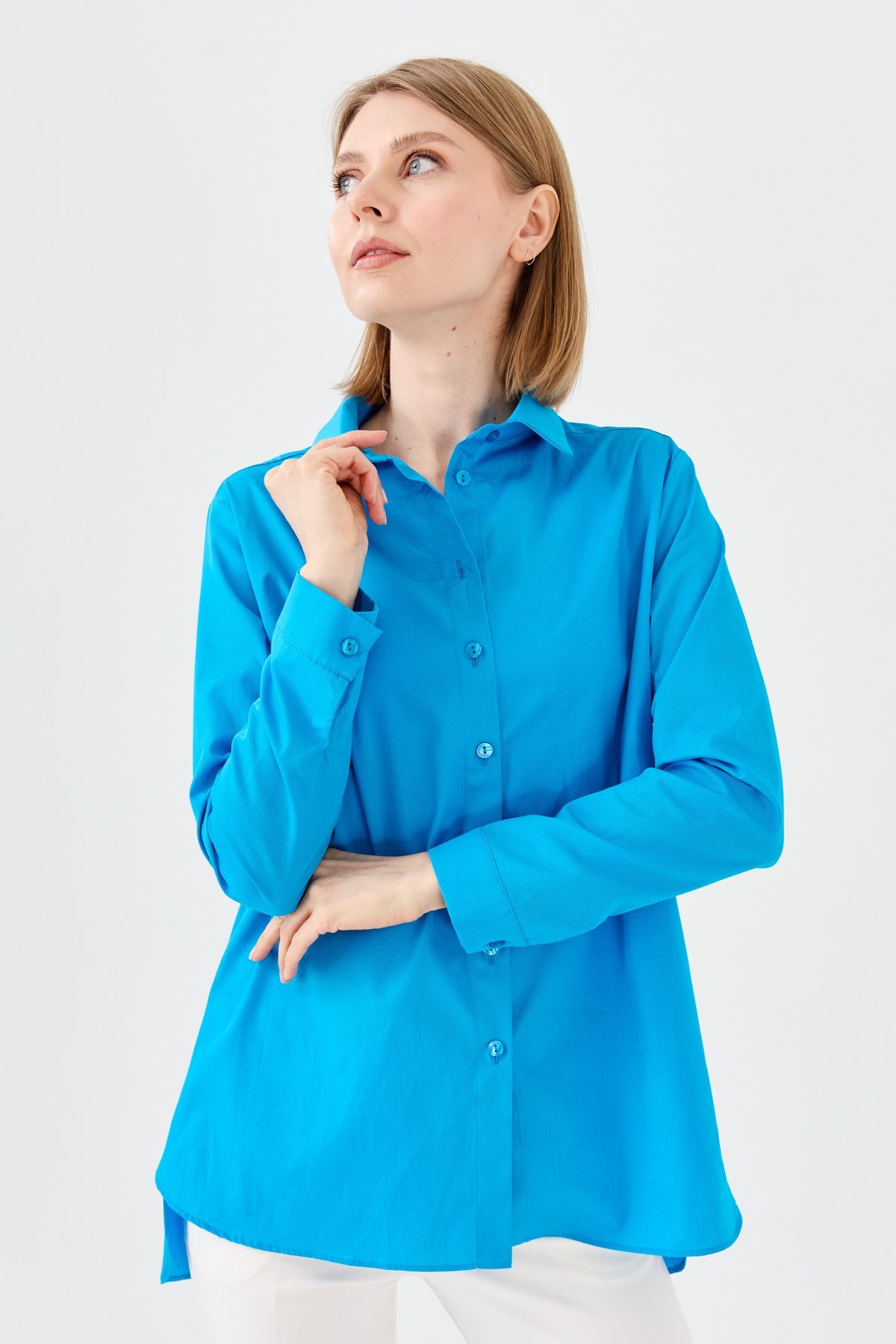 22805Kadın Koton Uzun Gömlek Mavi