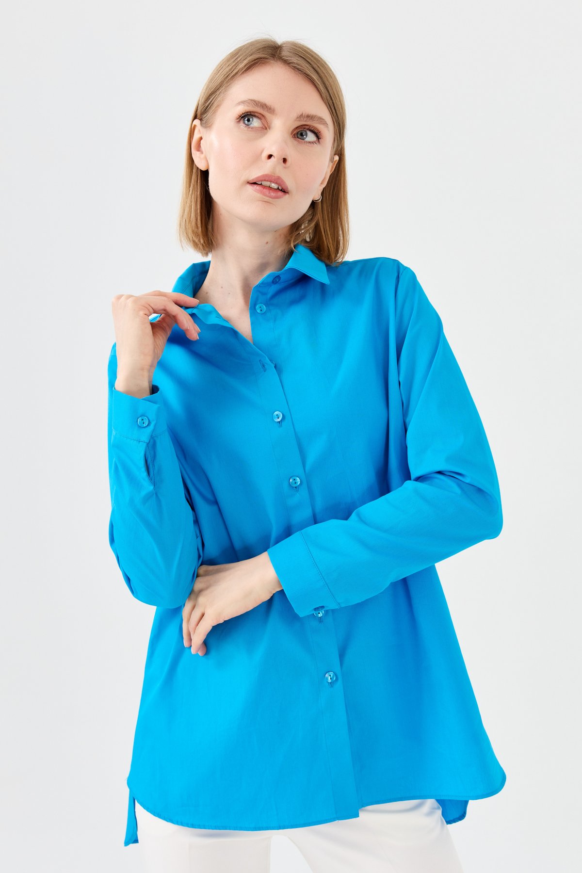 22805Kadın Koton Uzun Gömlek Mavi