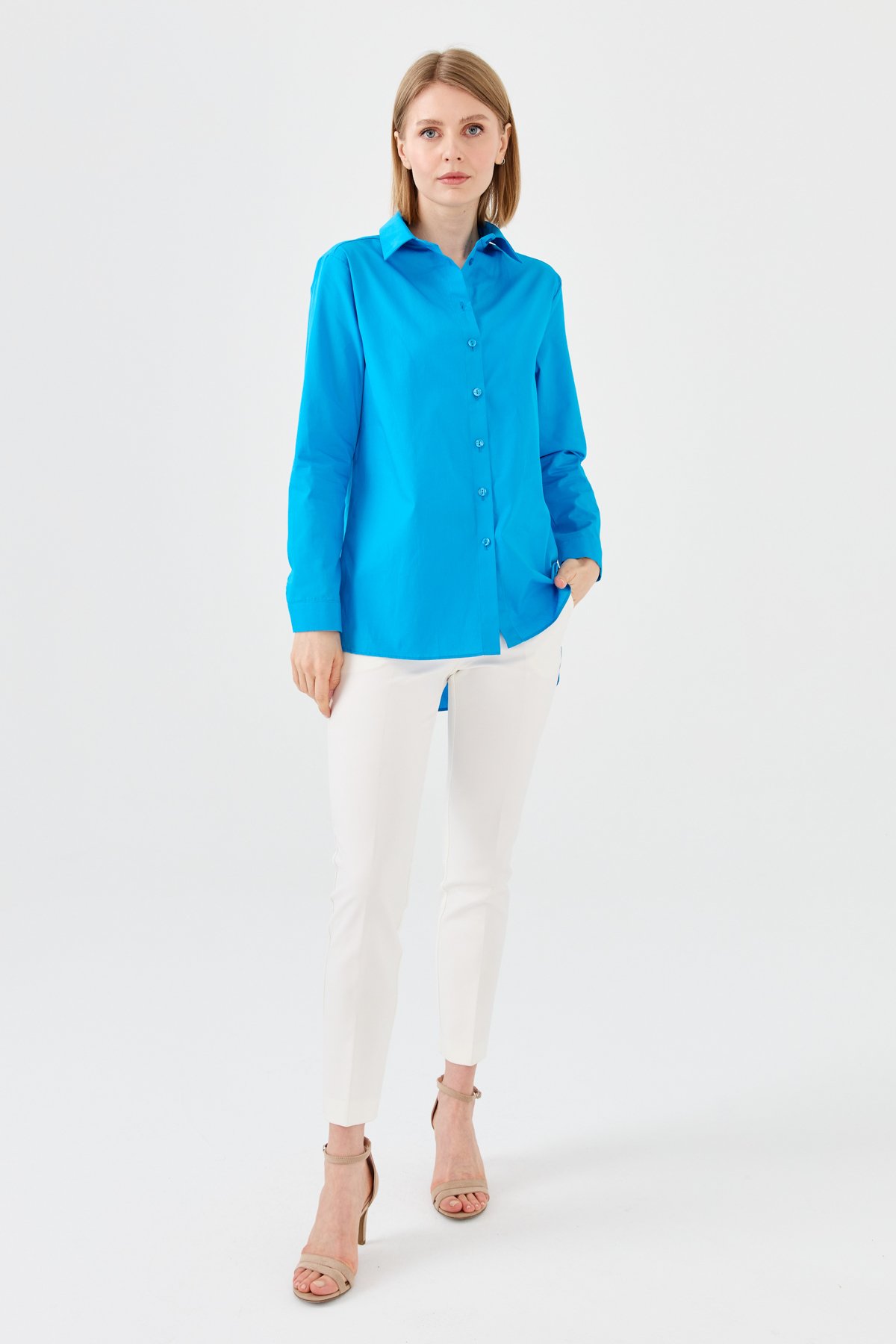 22805Kadın Koton Uzun Gömlek Mavi