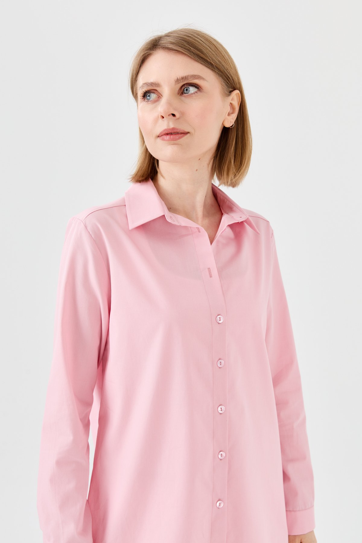 22805Kadın Koton Uzun Gömlek Pudra