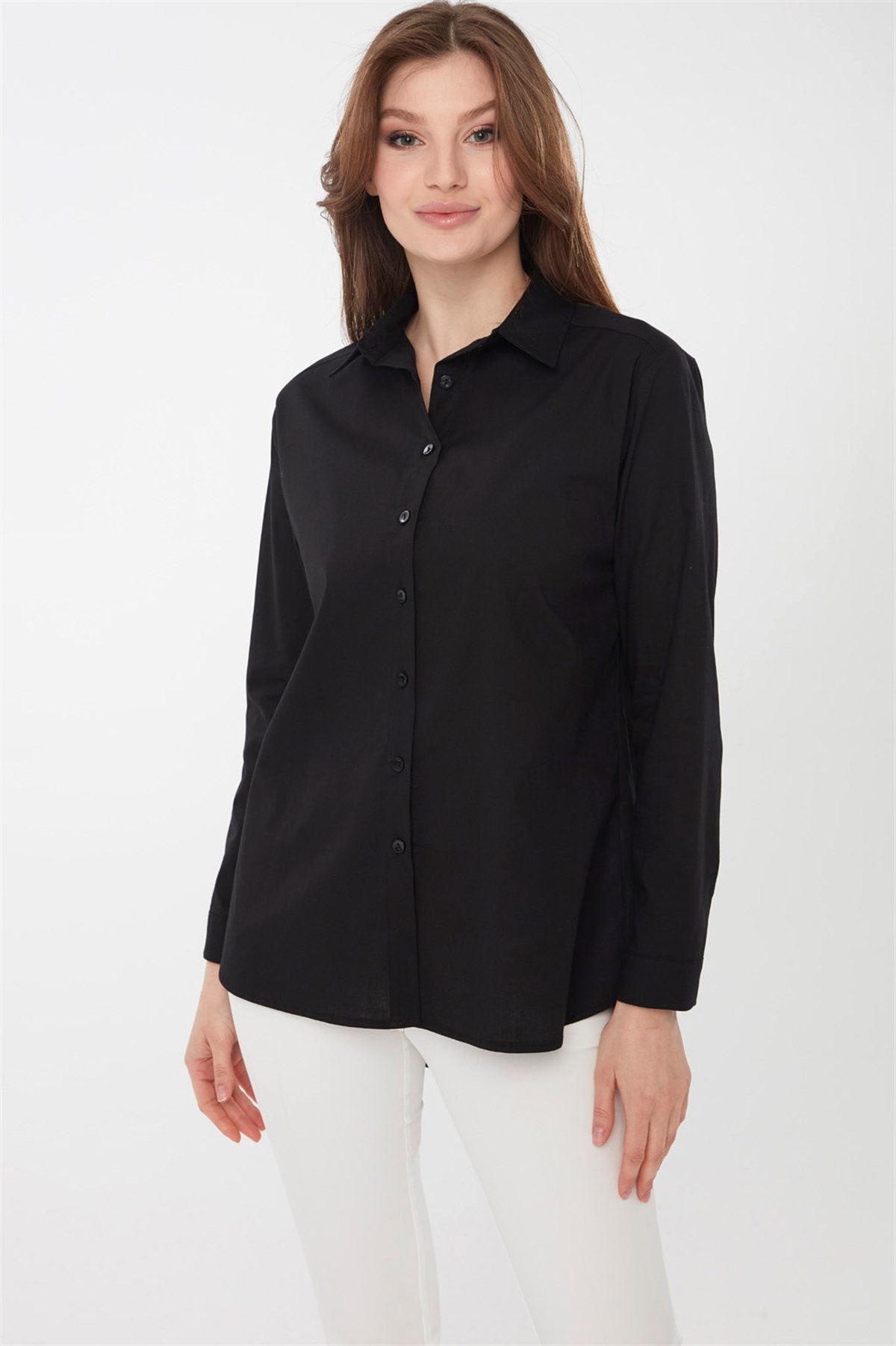 22805Kadın Koton Uzun Gömlek Siyah