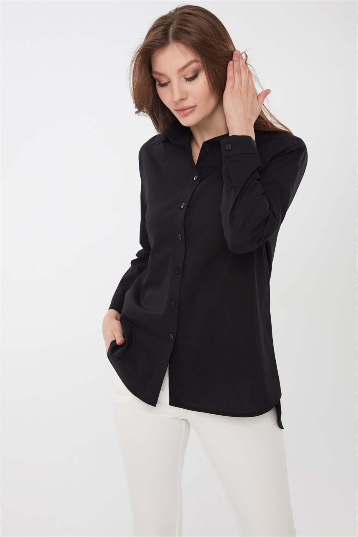 22805Kadın Koton Uzun Gömlek Siyah