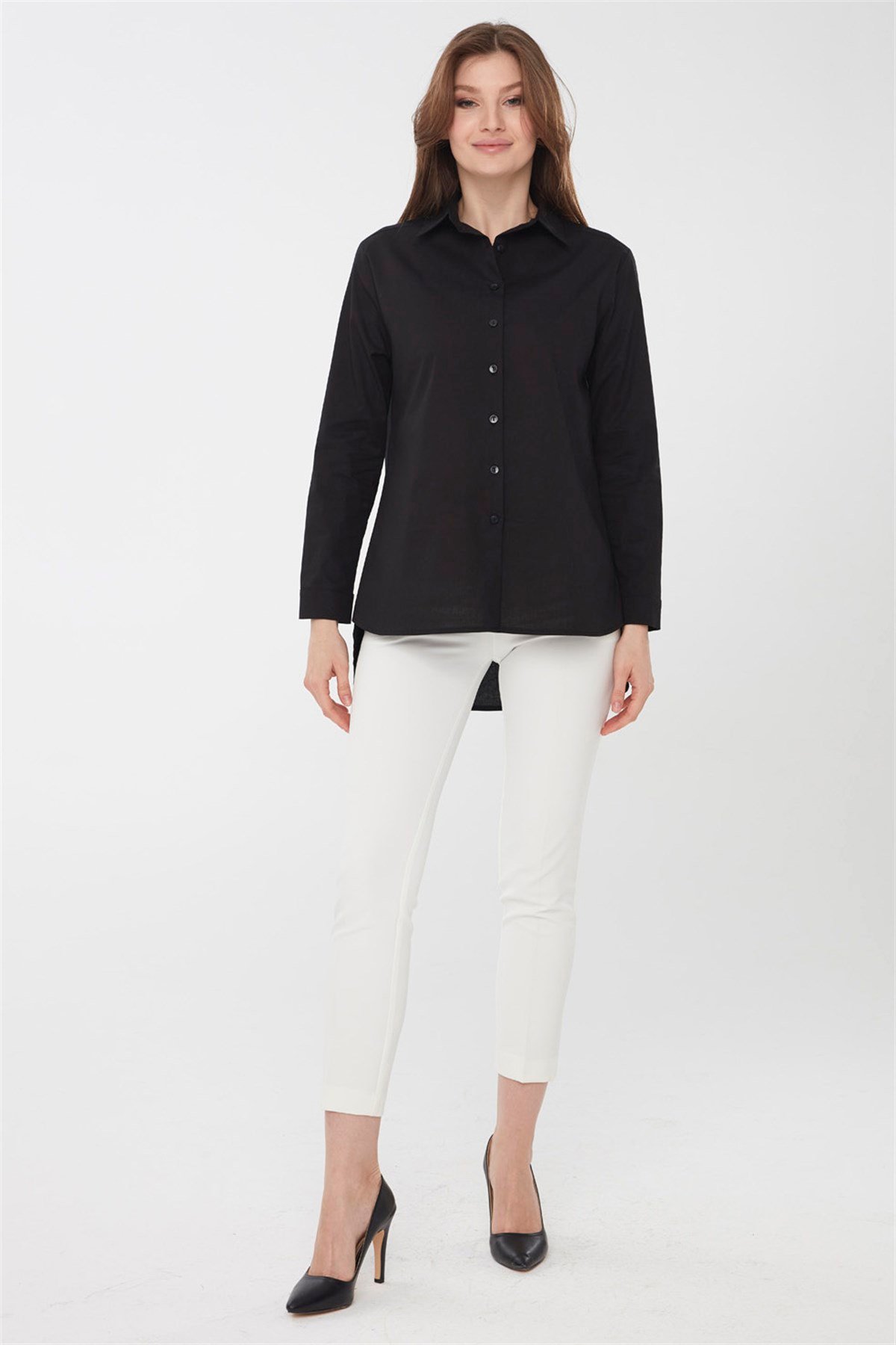 22805Kadın Koton Uzun Gömlek Siyah
