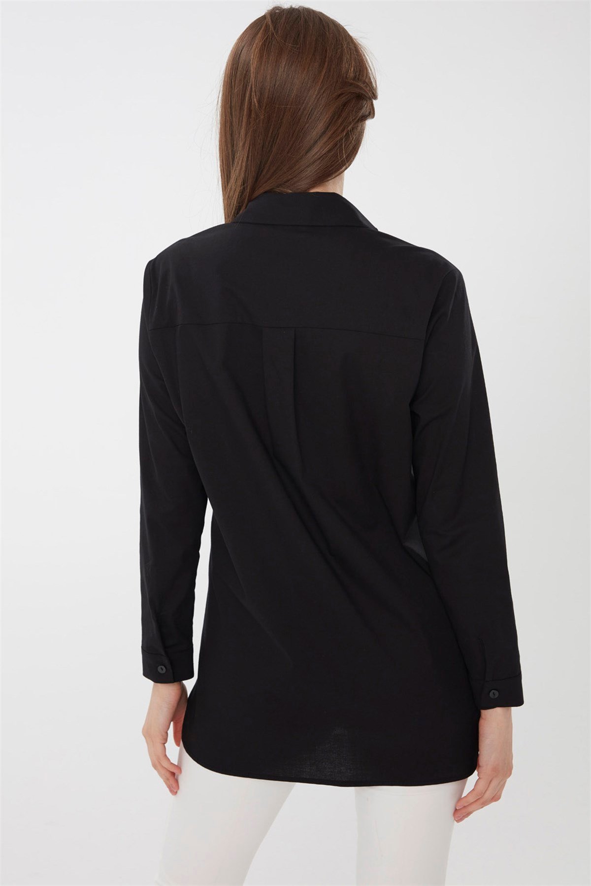 22805Kadın Koton Uzun Gömlek Siyah