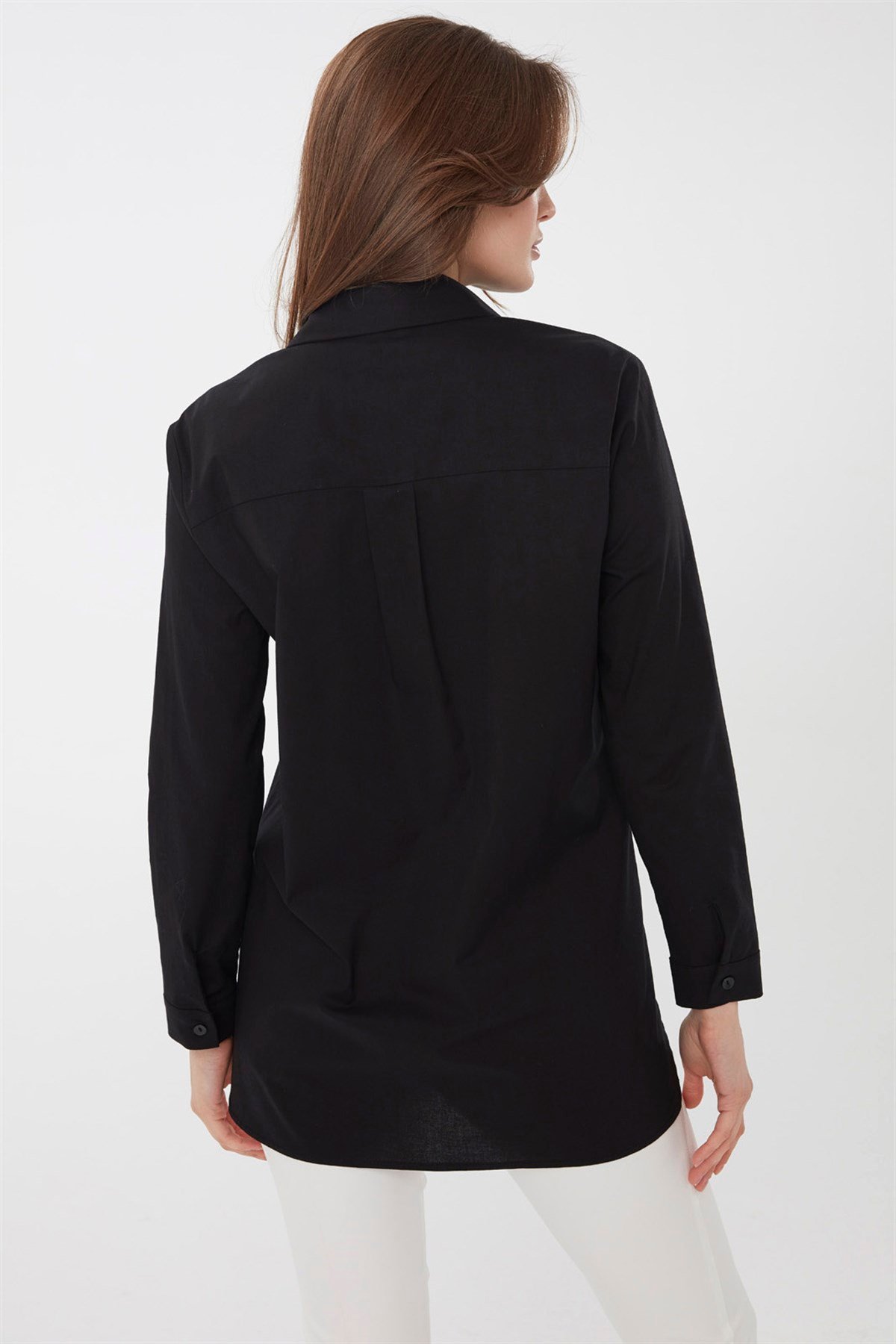 22805Kadın Koton Uzun Gömlek Siyah