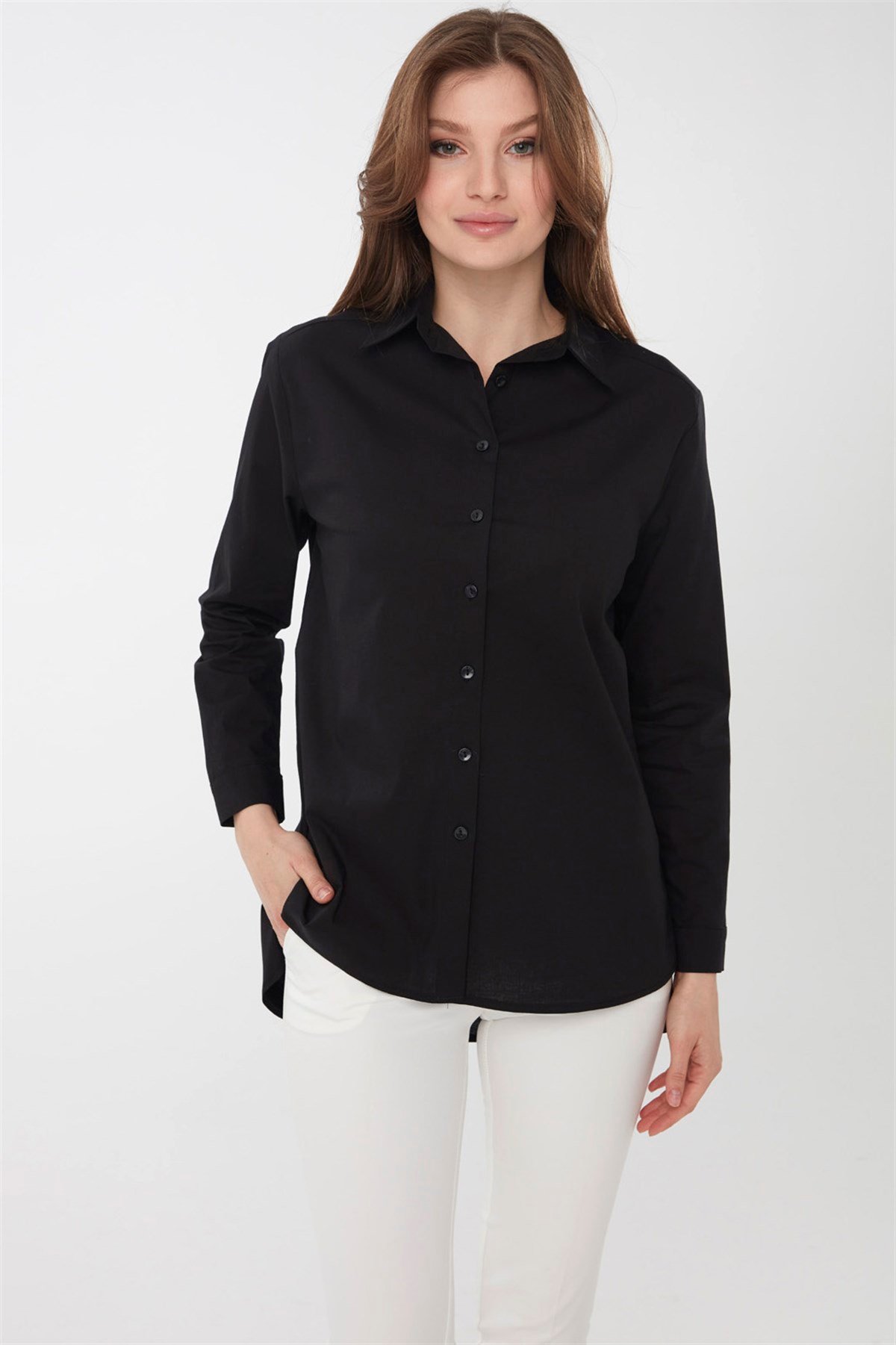 22805Kadın Koton Uzun Gömlek Siyah