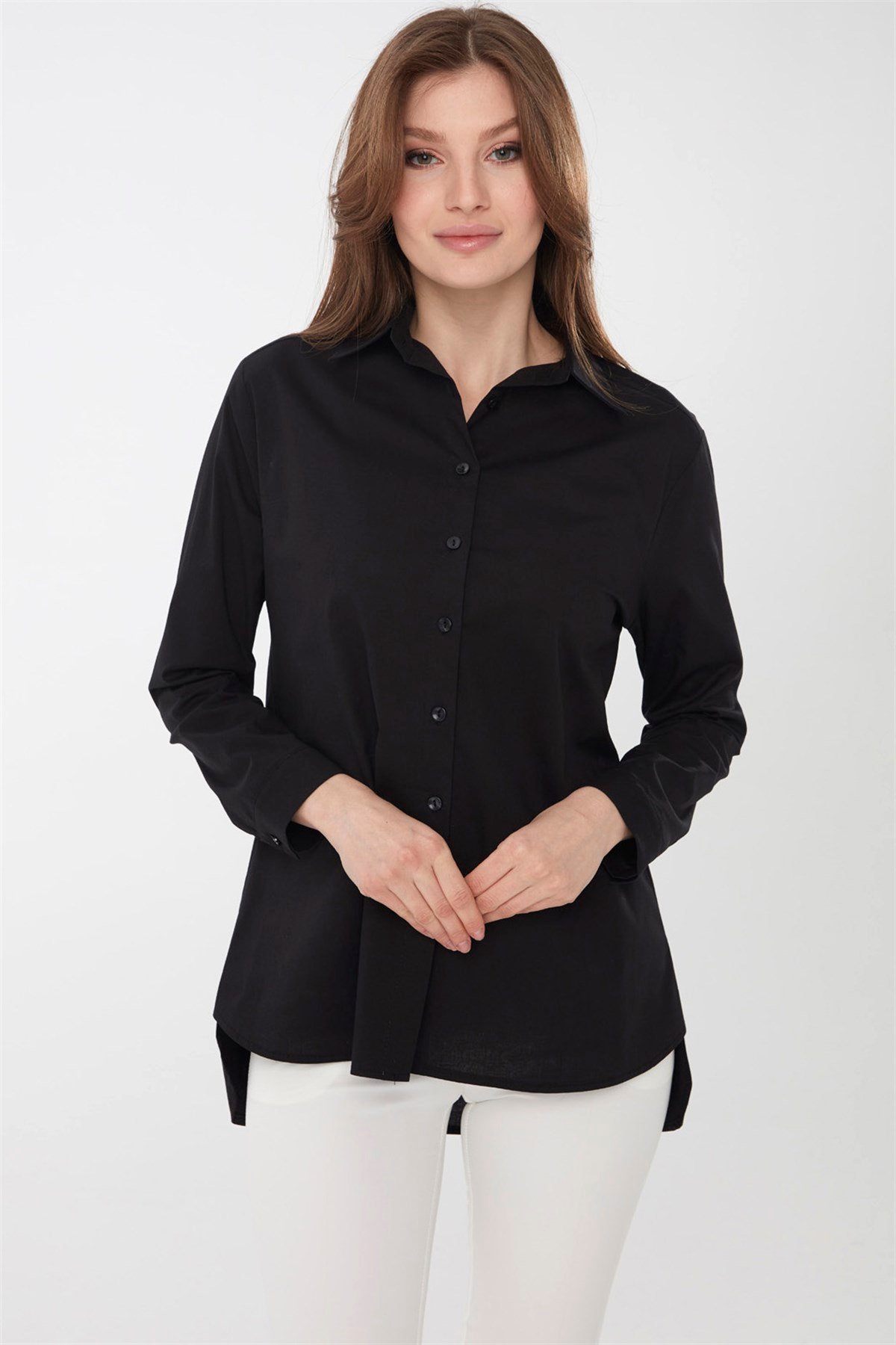 22805Kadın Koton Uzun Gömlek Siyah
