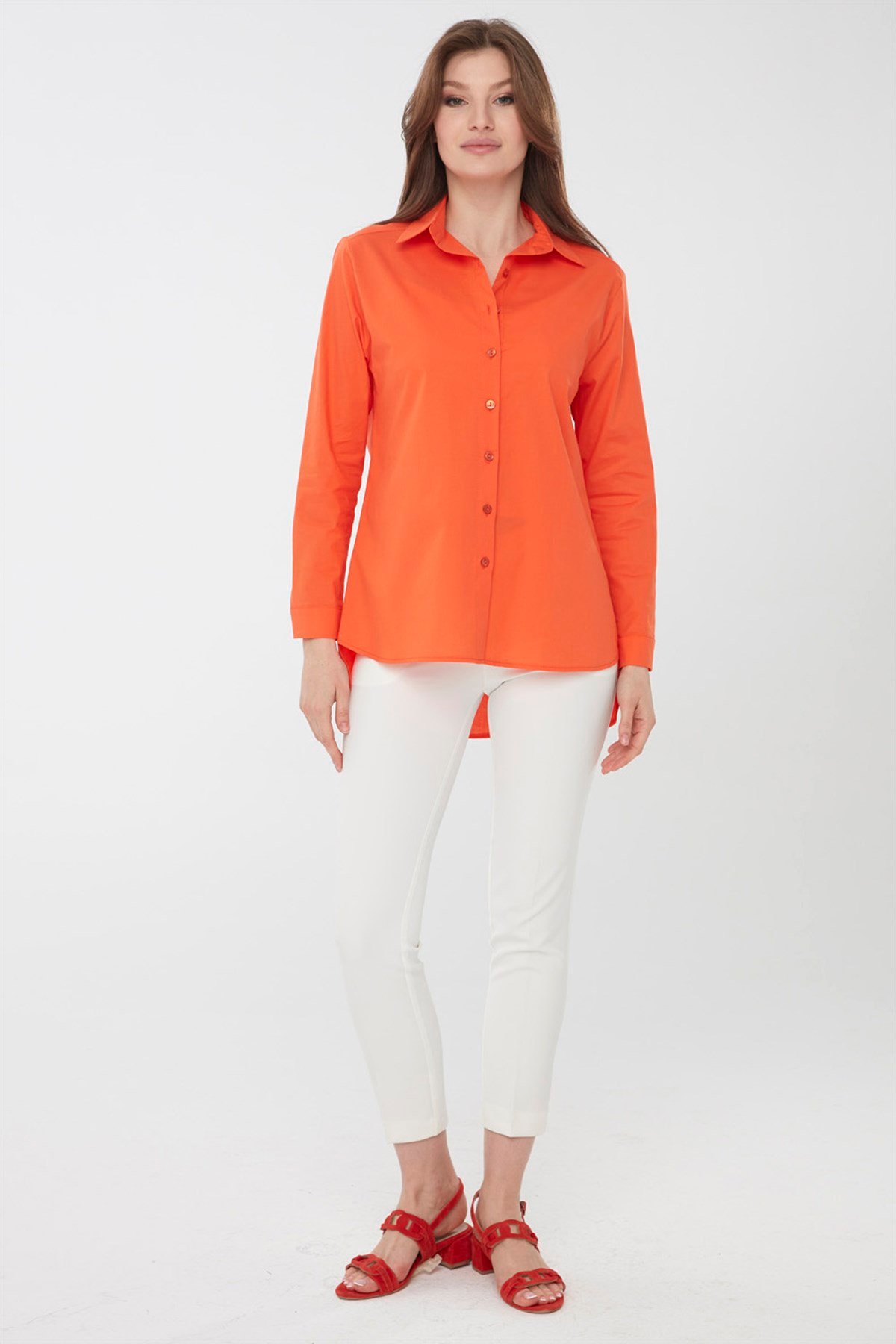 22805Kadın Koton Uzun Gömlek Turuncu