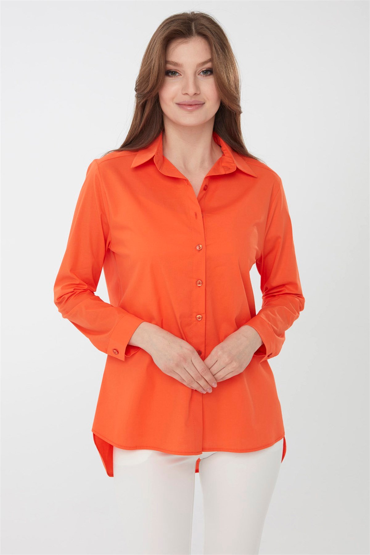 22805Kadın Koton Uzun Gömlek Turuncu