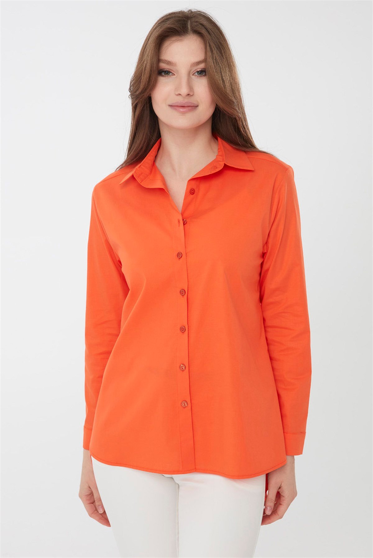 22805Kadın Koton Uzun Gömlek Turuncu