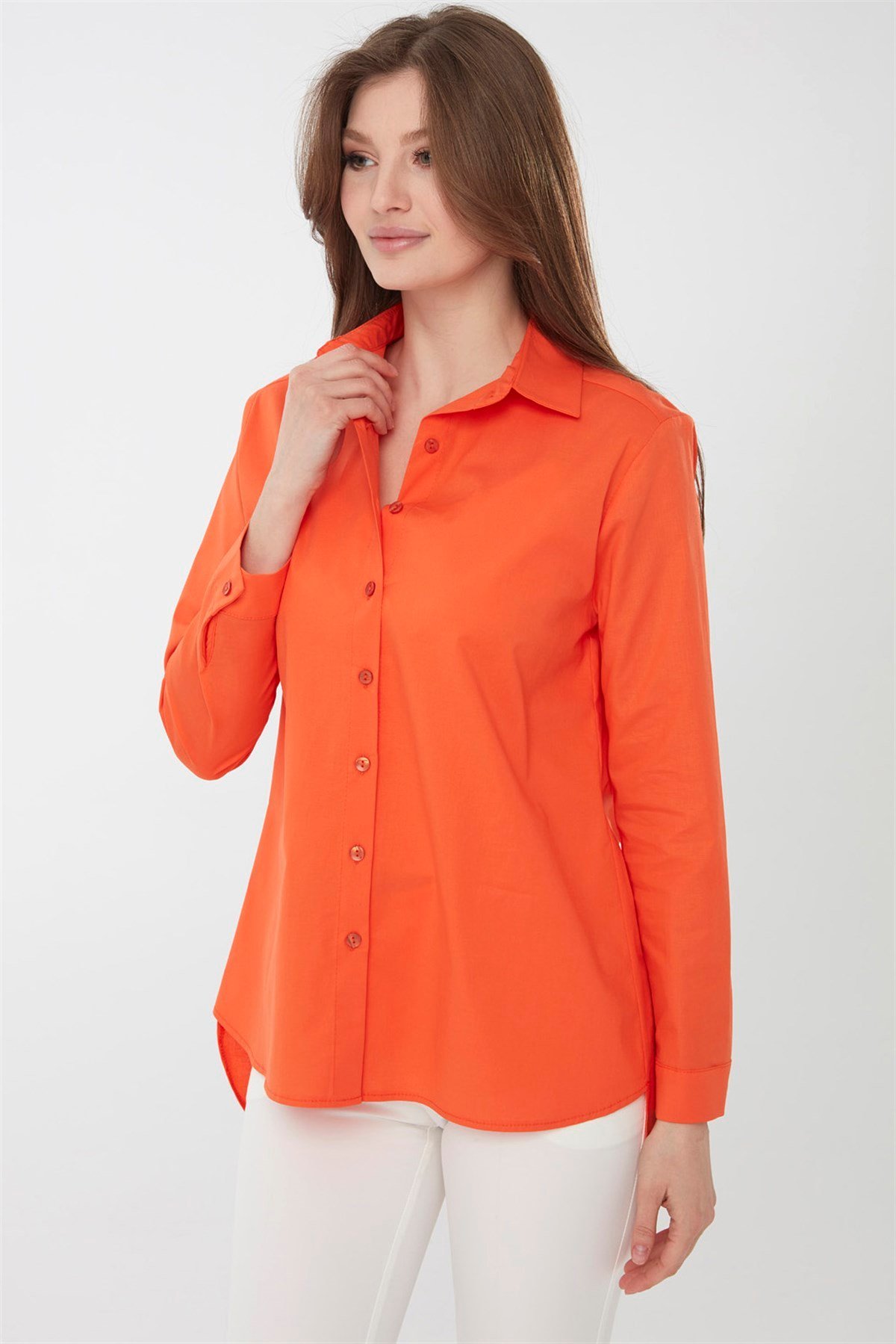 22805Kadın Koton Uzun Gömlek Turuncu