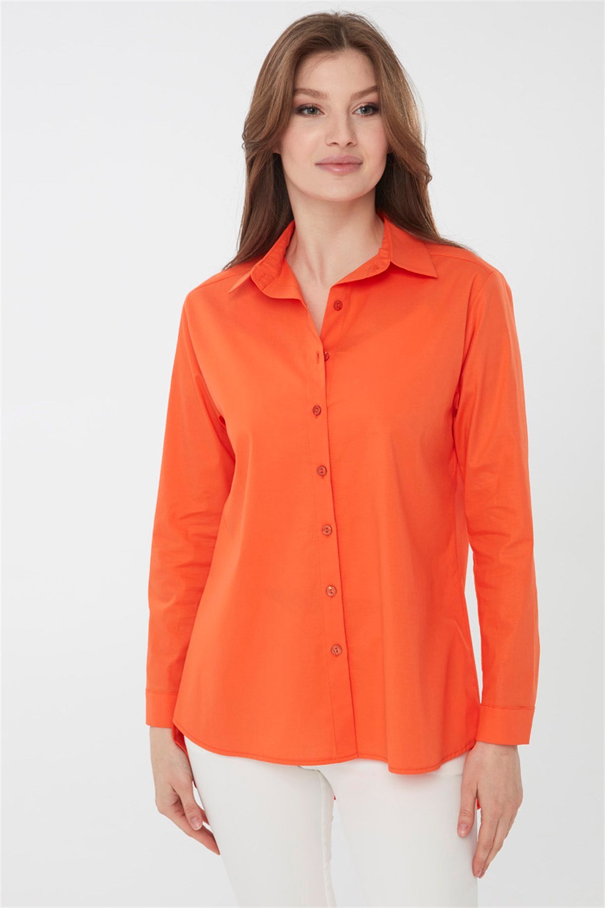 22805Kadın Koton Uzun Gömlek Turuncu