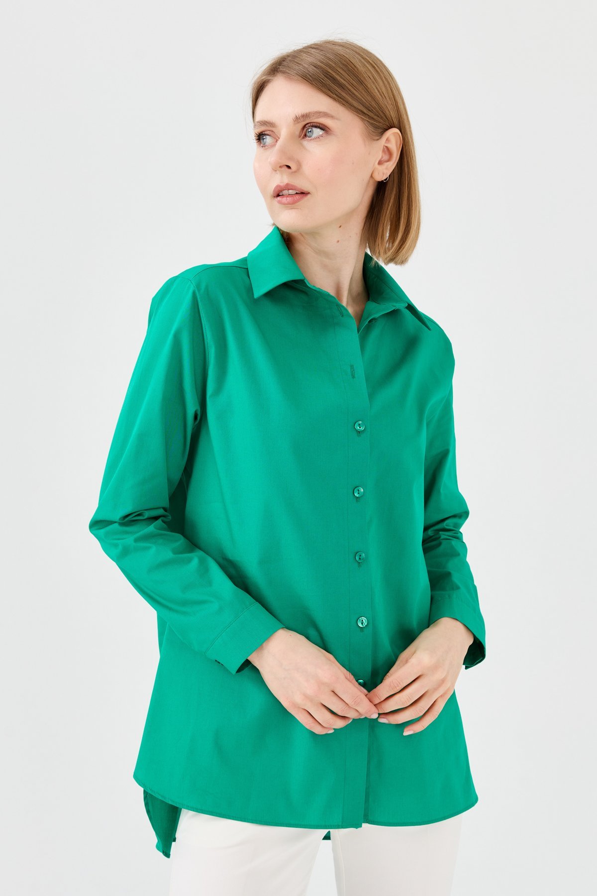 22805Kadın Koton Uzun Gömlek Yeşil