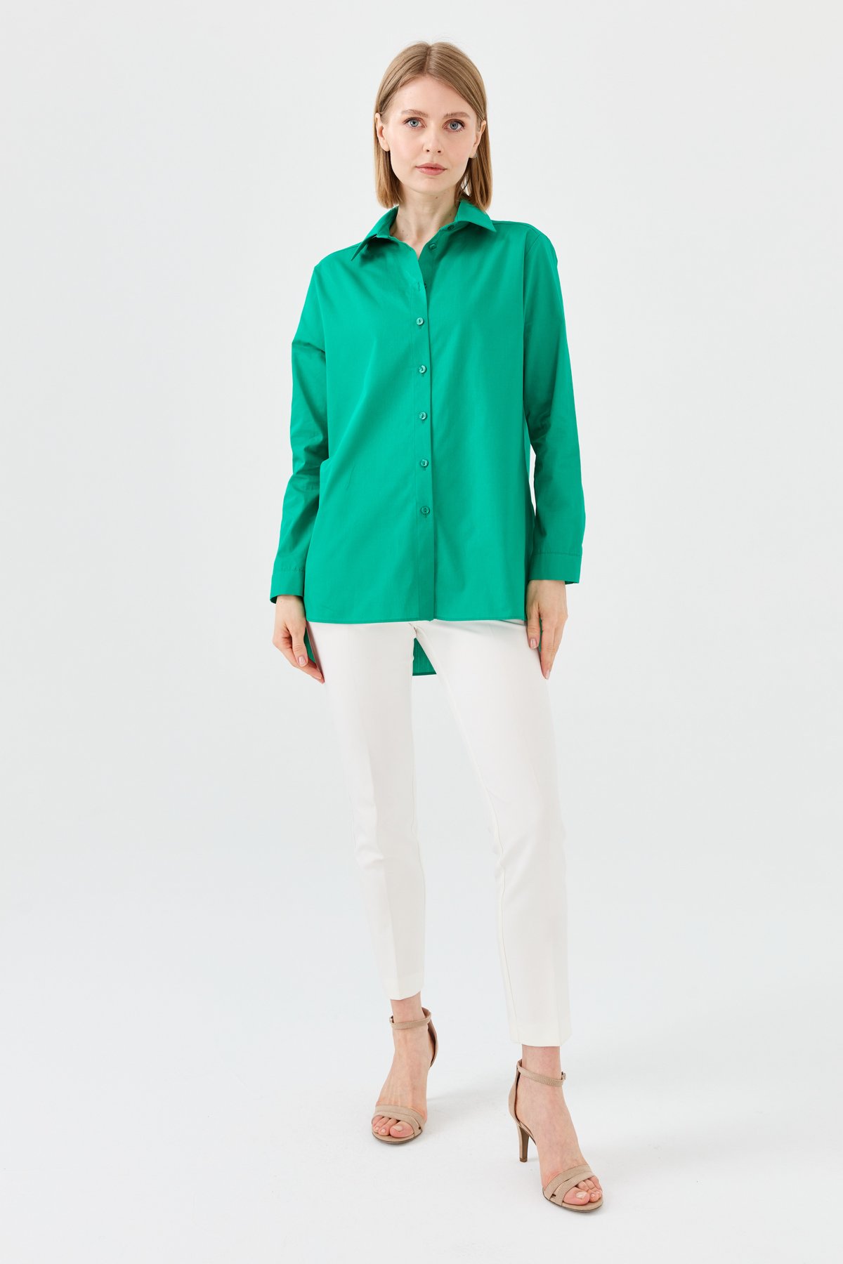 22805Kadın Koton Uzun Gömlek Yeşil