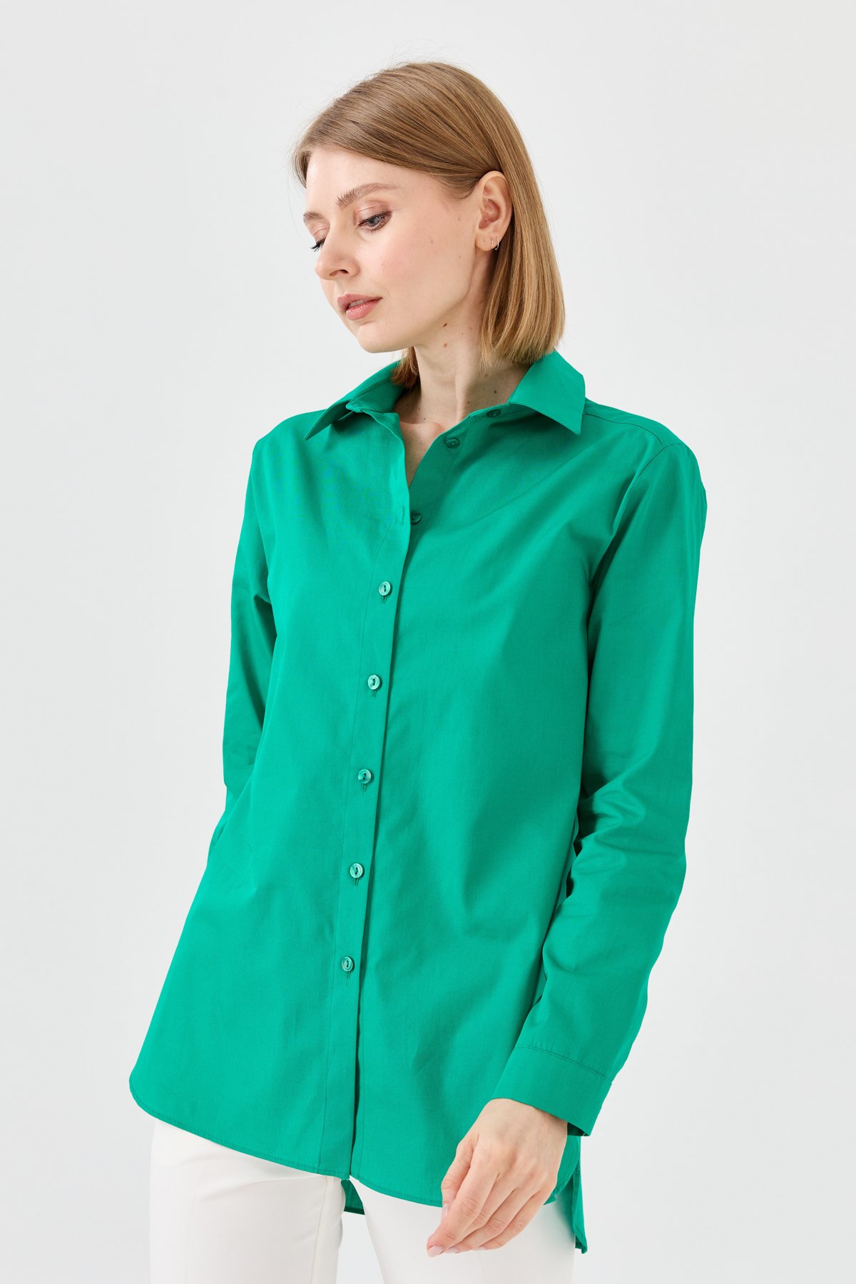 22805Kadın Koton Uzun Gömlek Yeşil