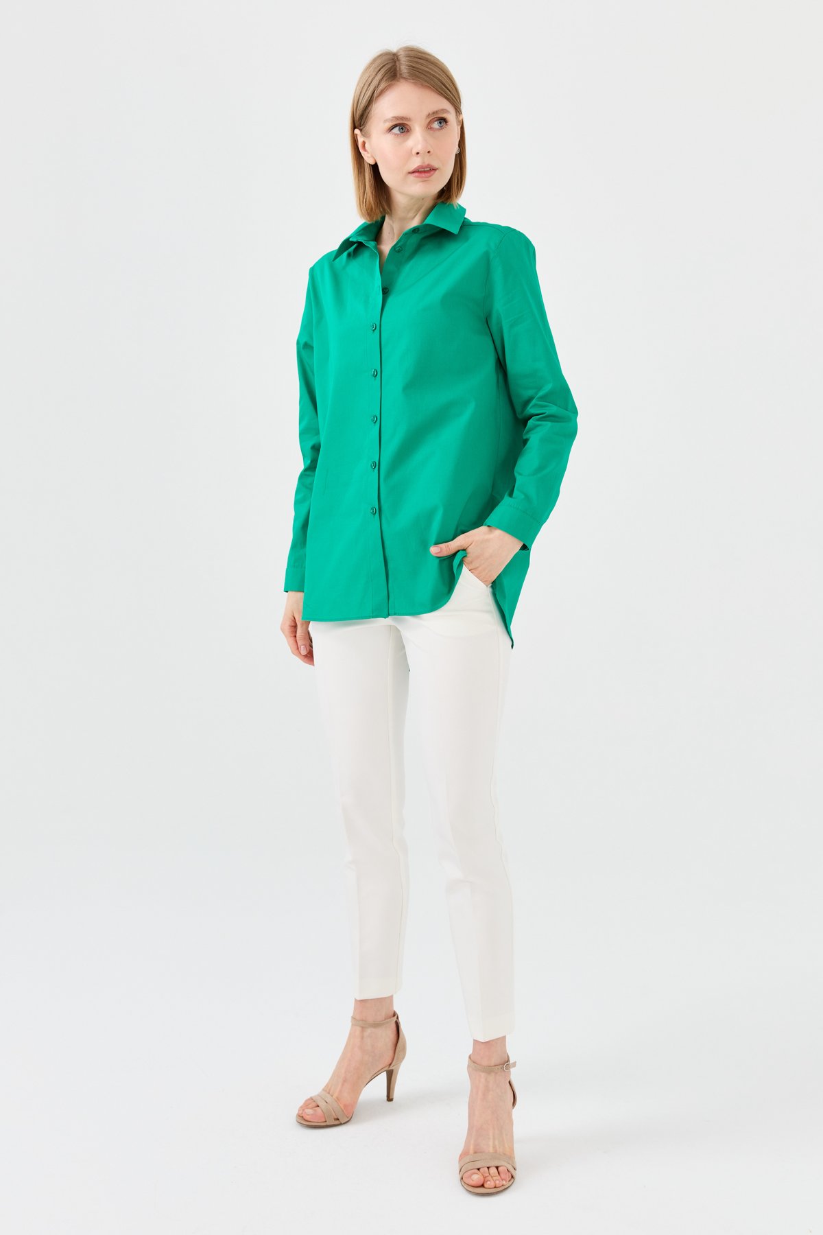 22805Kadın Koton Uzun Gömlek Yeşil