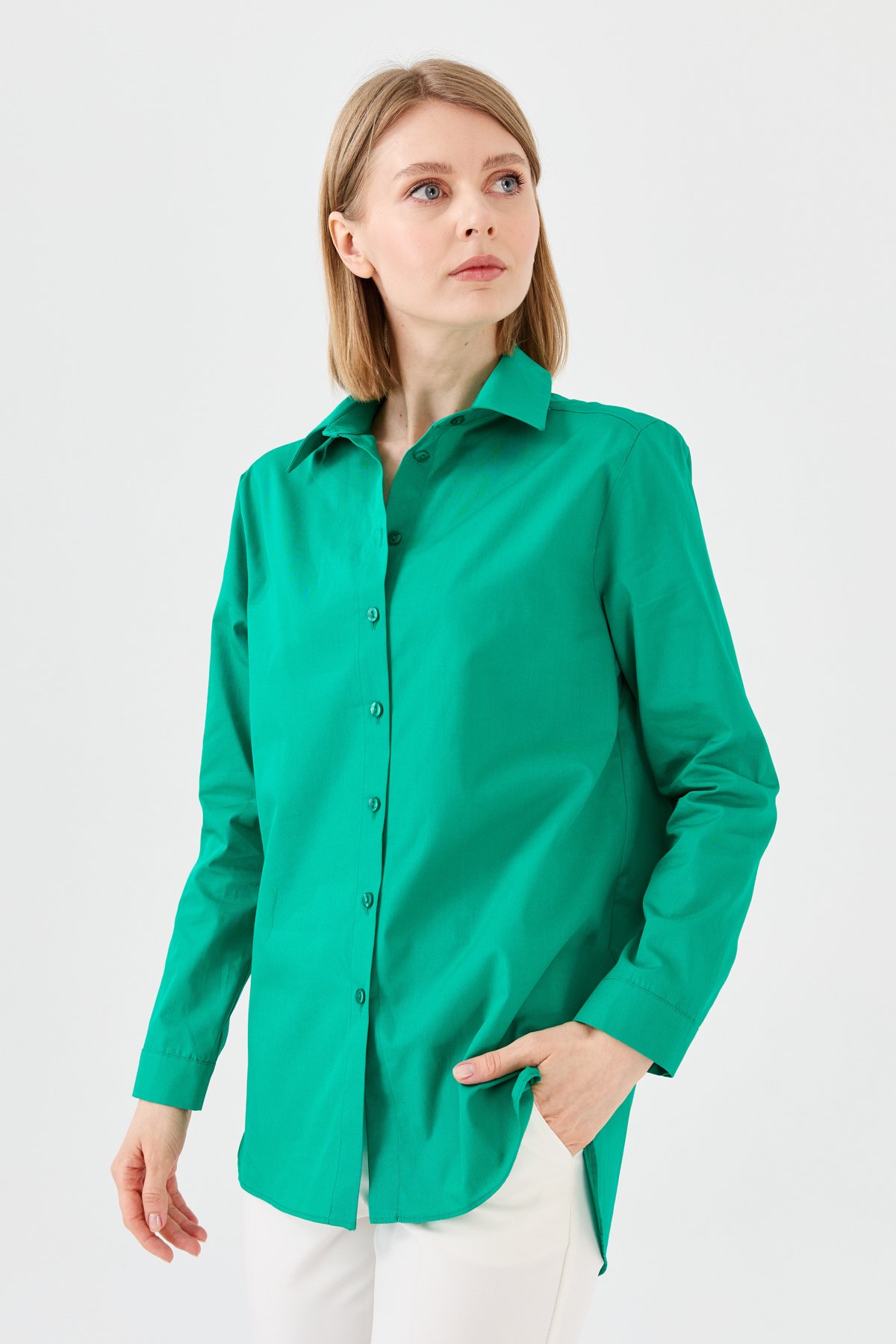 22805Kadın Koton Uzun Gömlek Yeşil