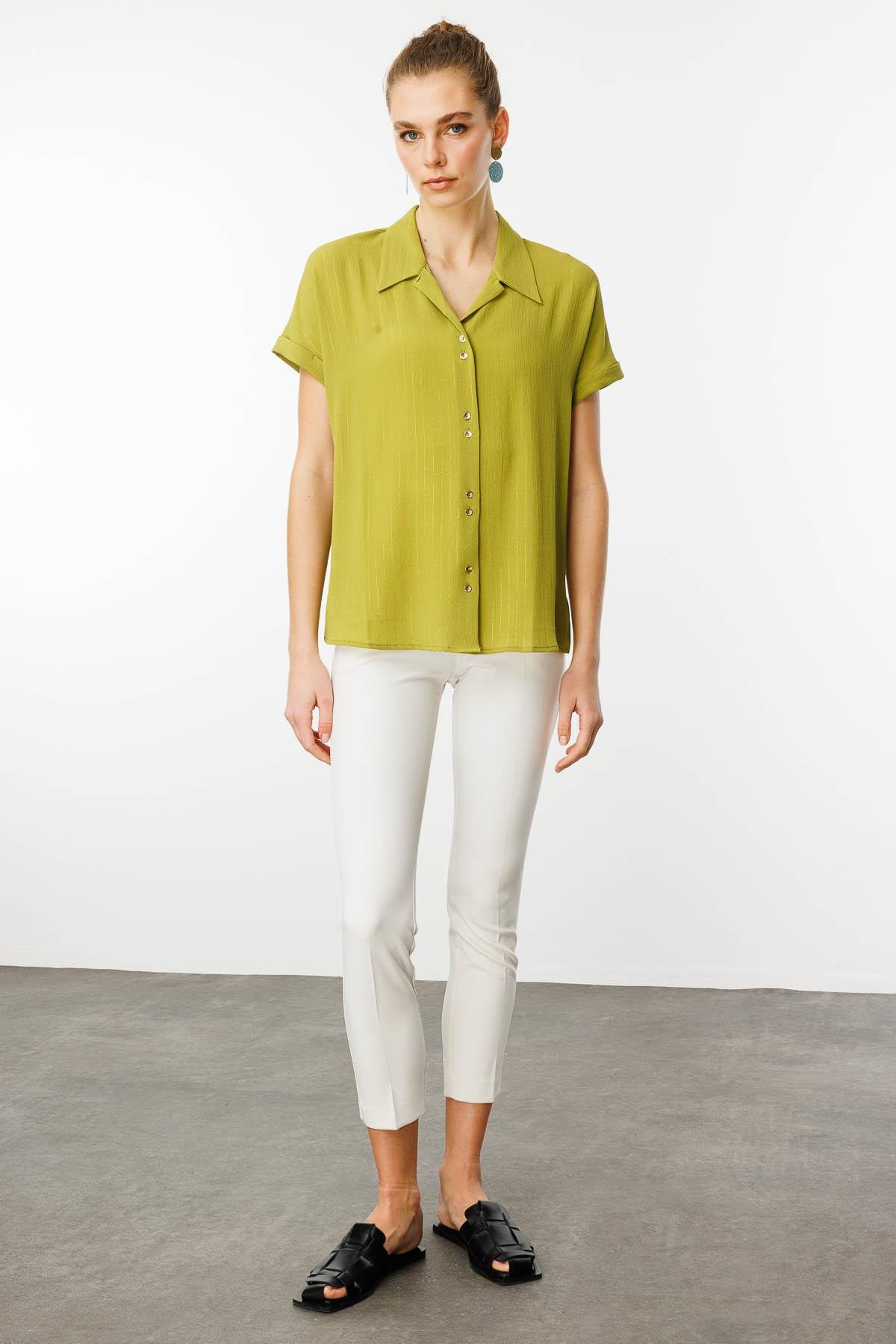 25845Kadın Krep Kumaş Simli Gömlek F.Yeşil