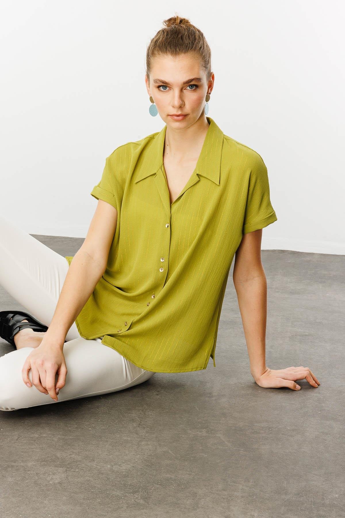 25845Kadın Krep Kumaş Simli Gömlek F.Yeşil