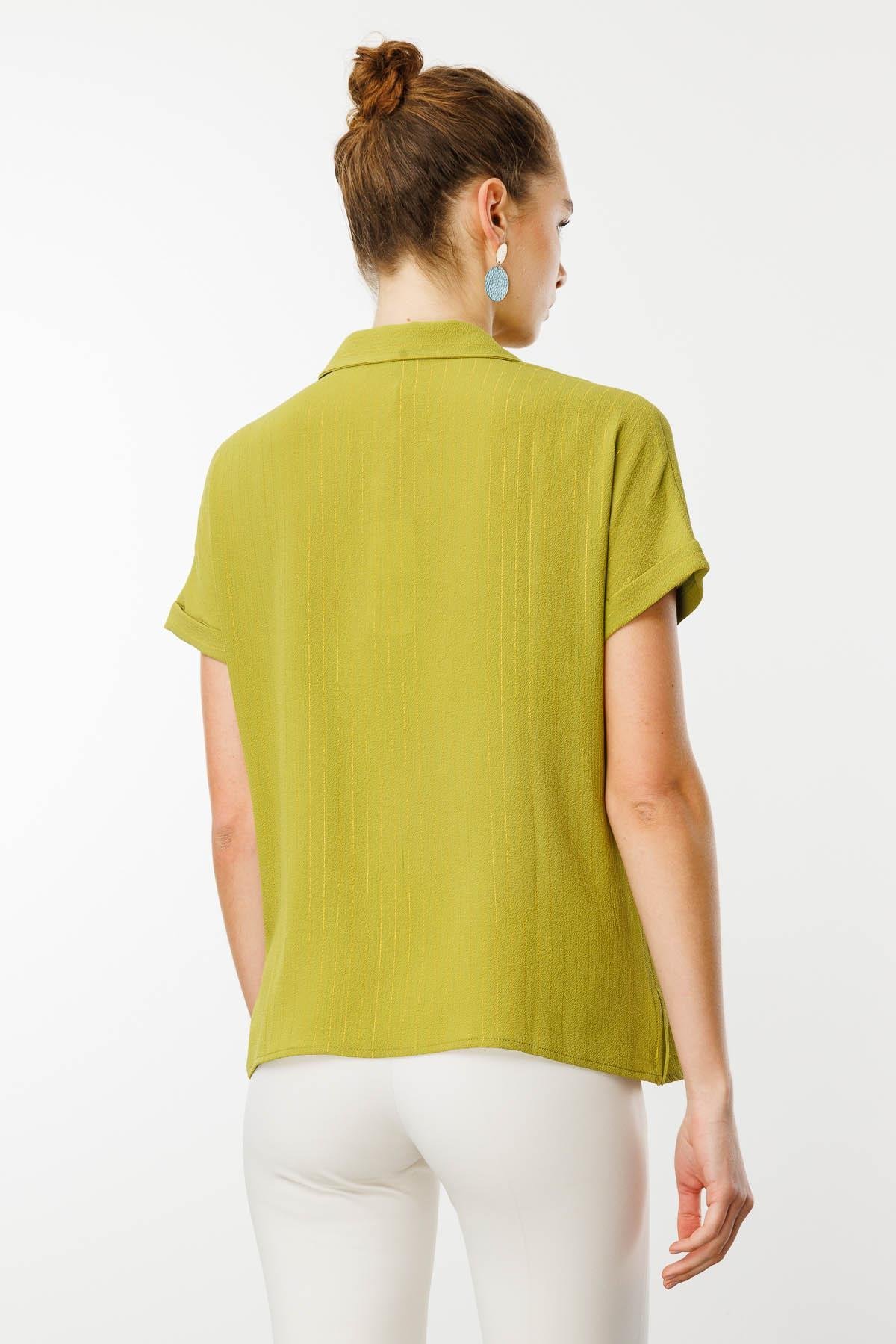 25845Kadın Krep Kumaş Simli Gömlek F.Yeşil