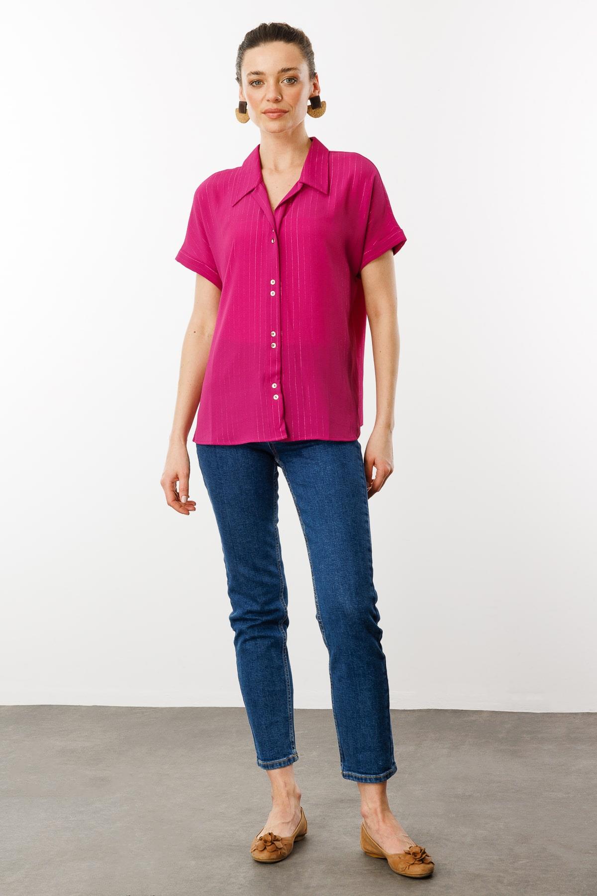 25845Kadın Krep Kumaş Simli Gömlek Fuşya