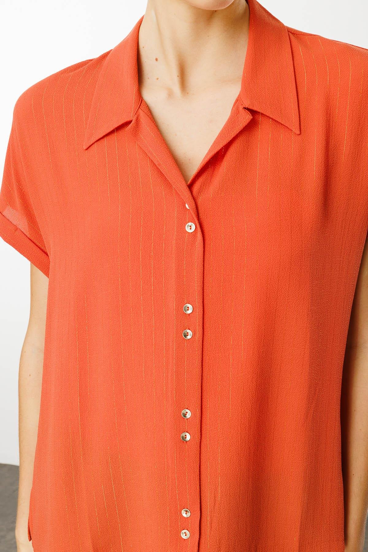 25845Kadın Krep Kumaş Simli Gömlek Kiremit