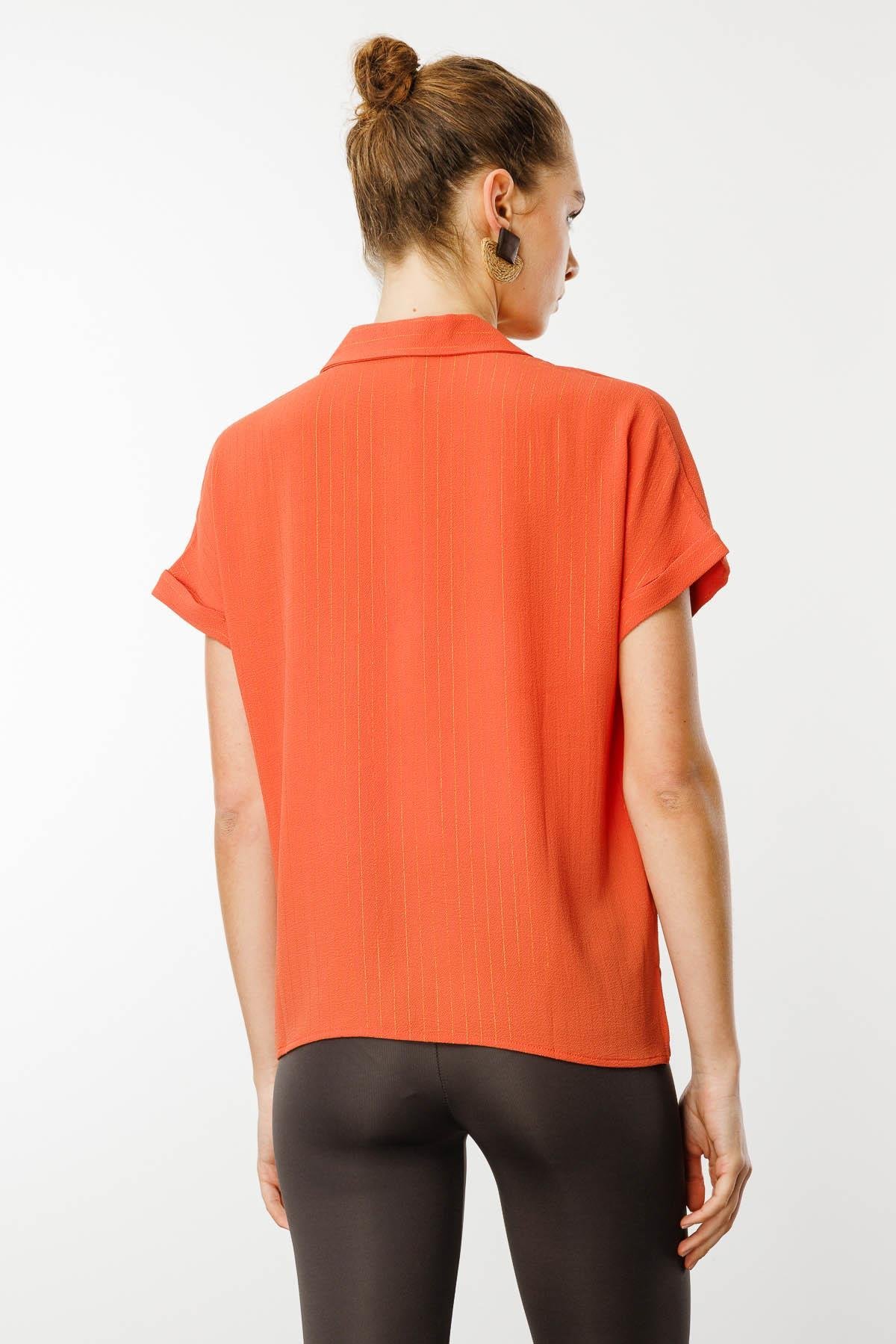 25845Kadın Krep Kumaş Simli Gömlek Kiremit