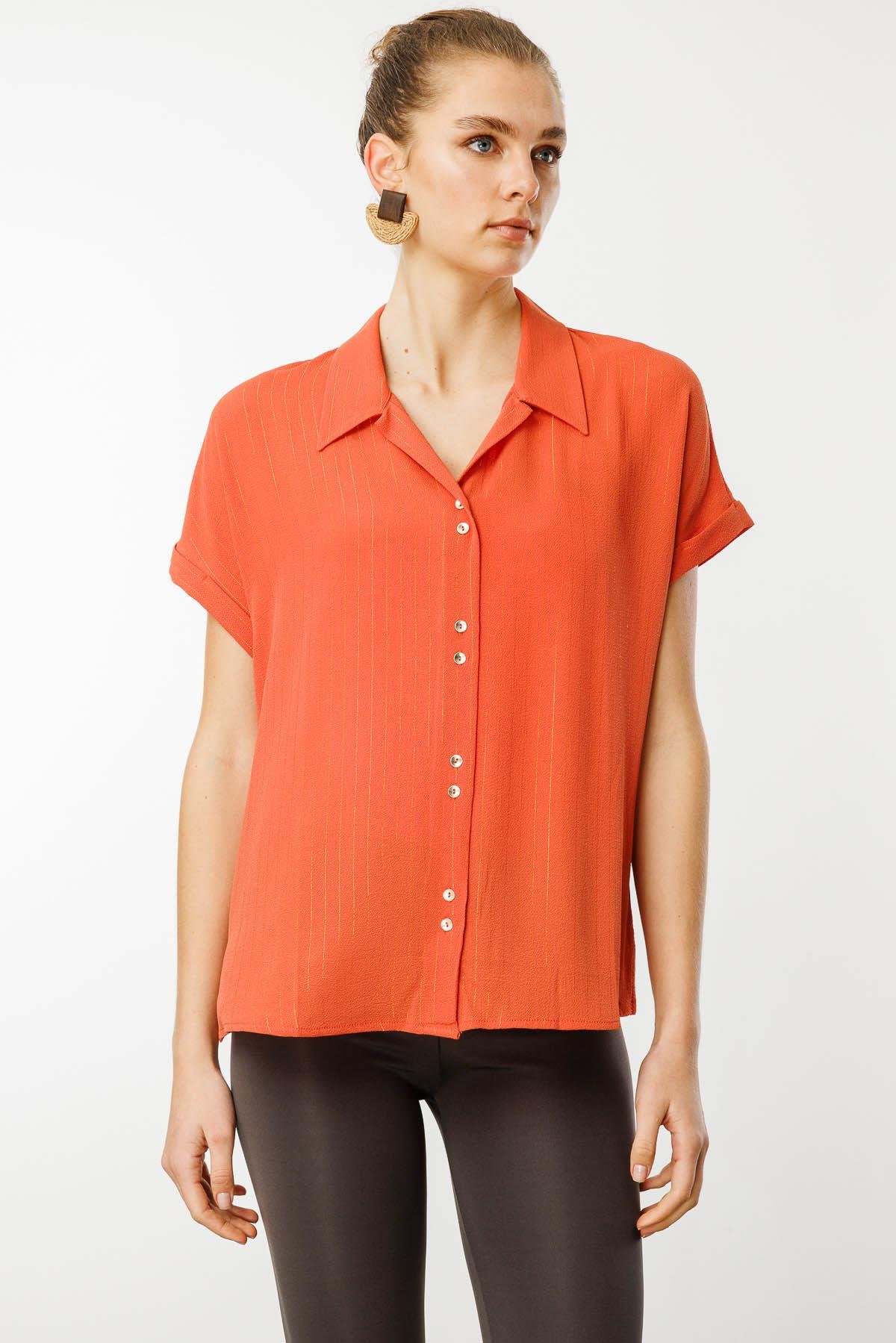 25845Kadın Krep Kumaş Simli Gömlek Kiremit