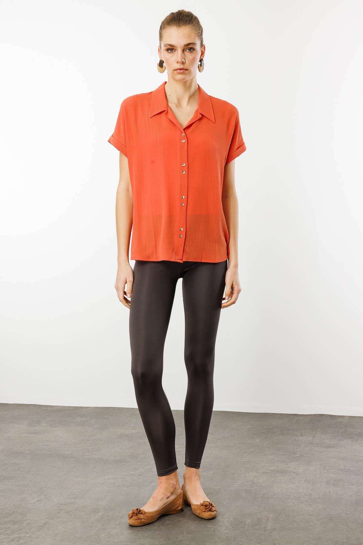 25845Kadın Krep Kumaş Simli Gömlek Kiremit