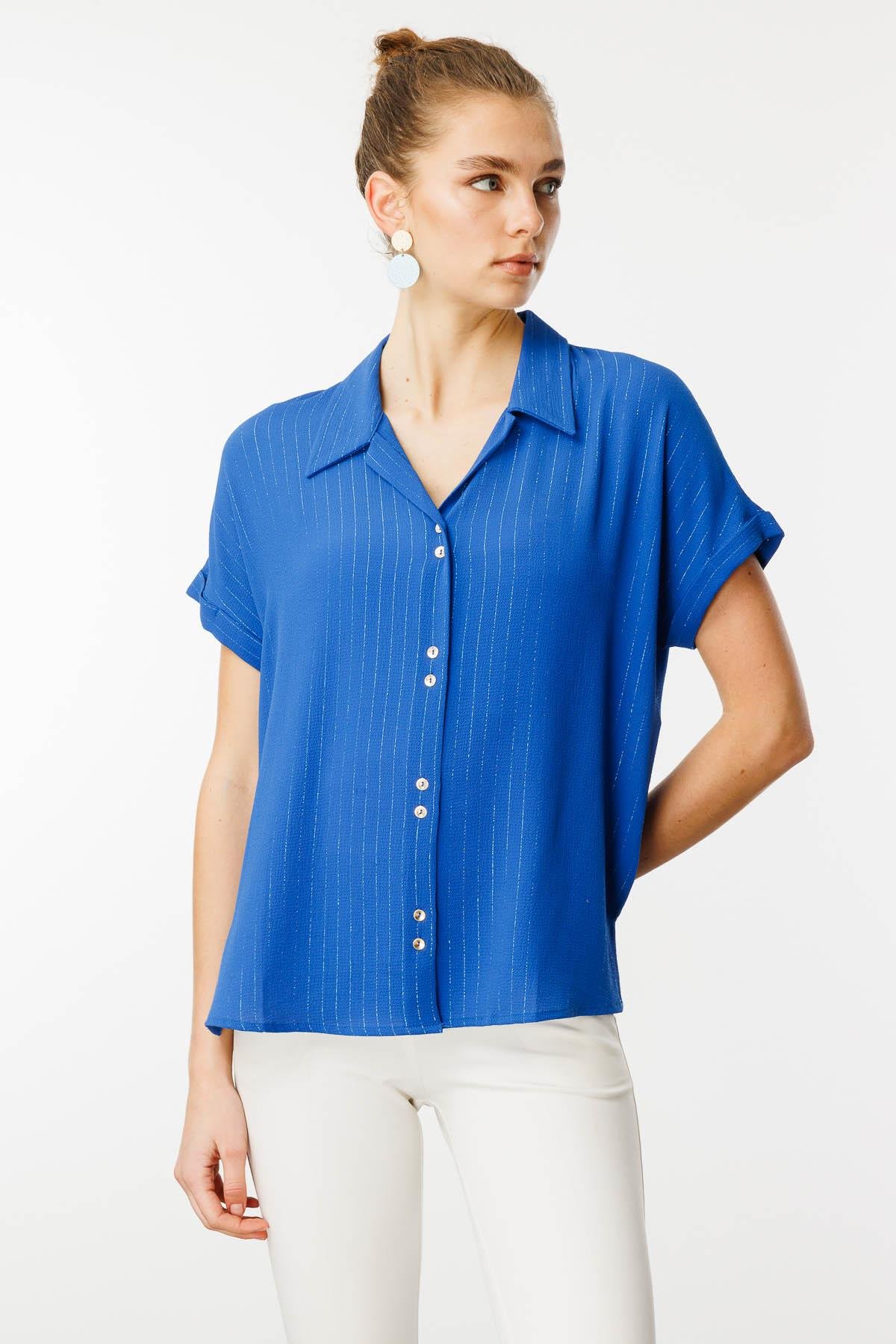 25845Kadın Krep Kumaş Simli Gömlek Mavi