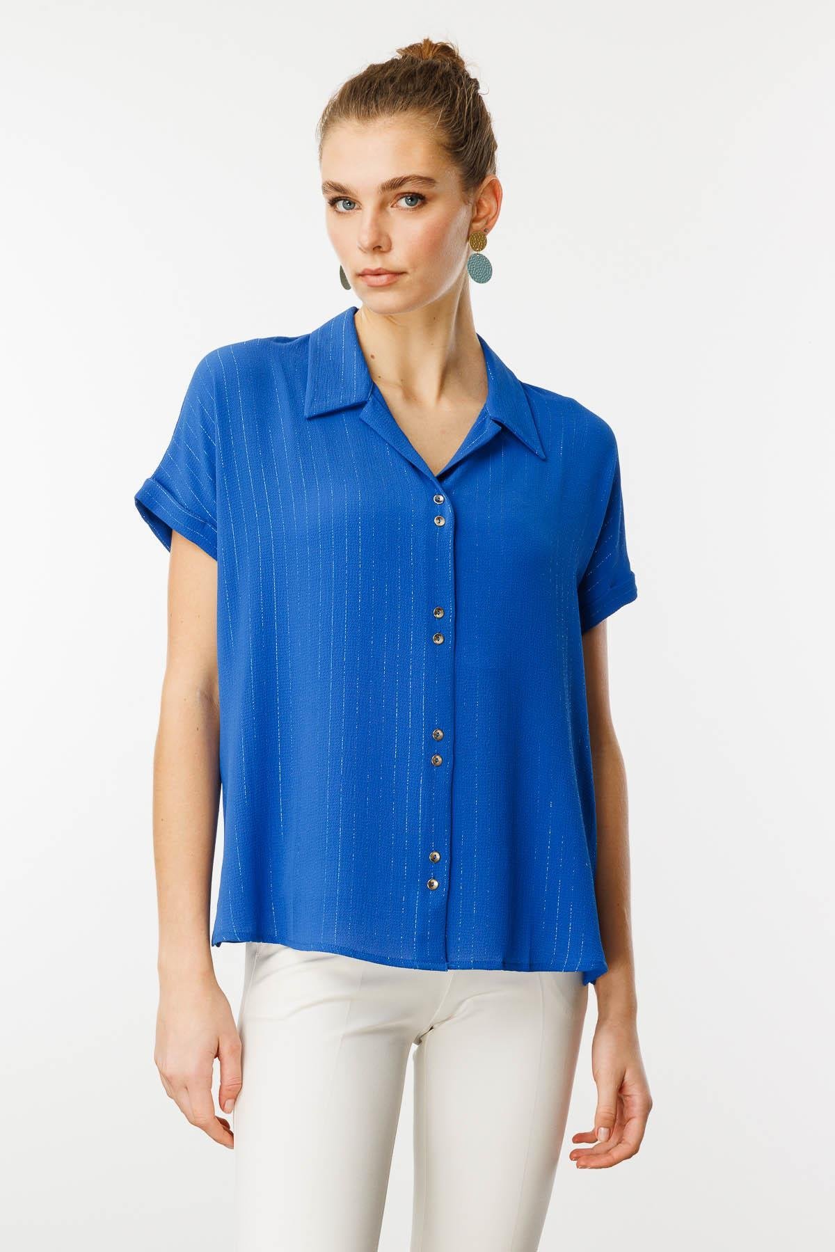 25845Kadın Krep Kumaş Simli Gömlek Mavi