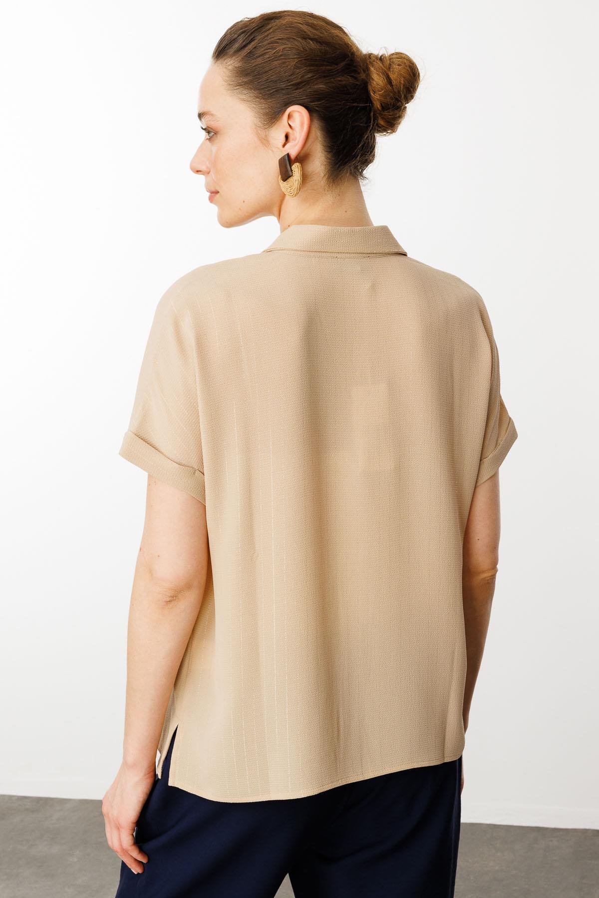 25845Kadın Krep Kumaş Simli Gömlek Vizon