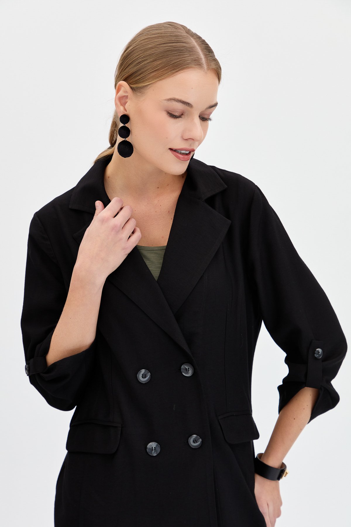 KMY24100Kadın Kruvaze Model Düğmeli Keten Ceket Siyah