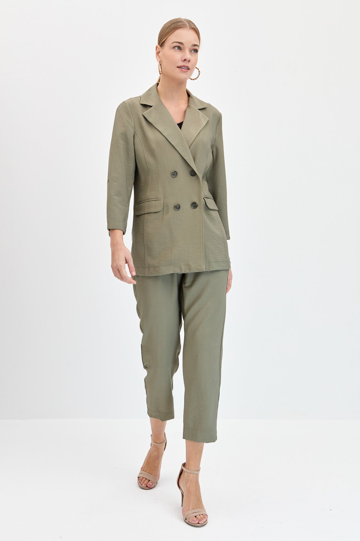 KMY24100Kadın Kruvaze Model Düğmeli Keten Ceket Haki