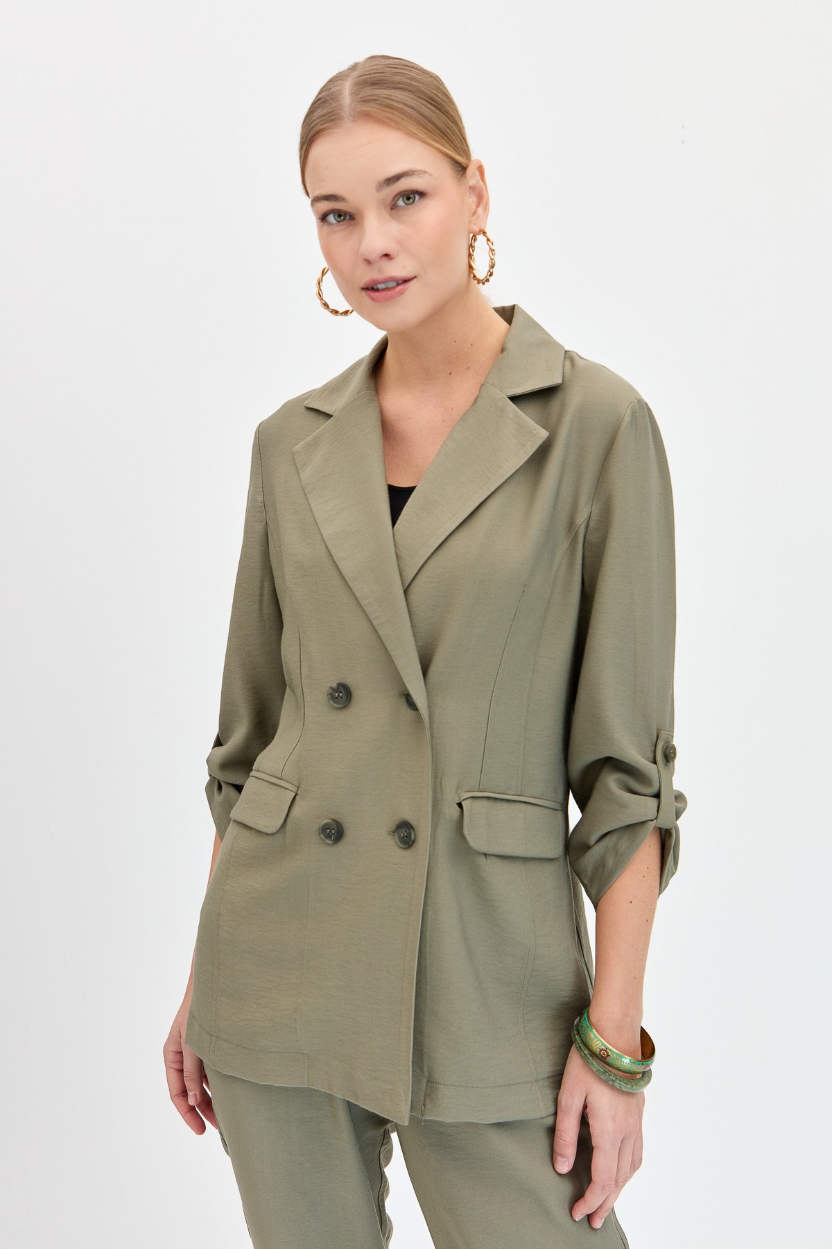 KMY24100Kadın Kruvaze Model Düğmeli Keten Ceket Haki